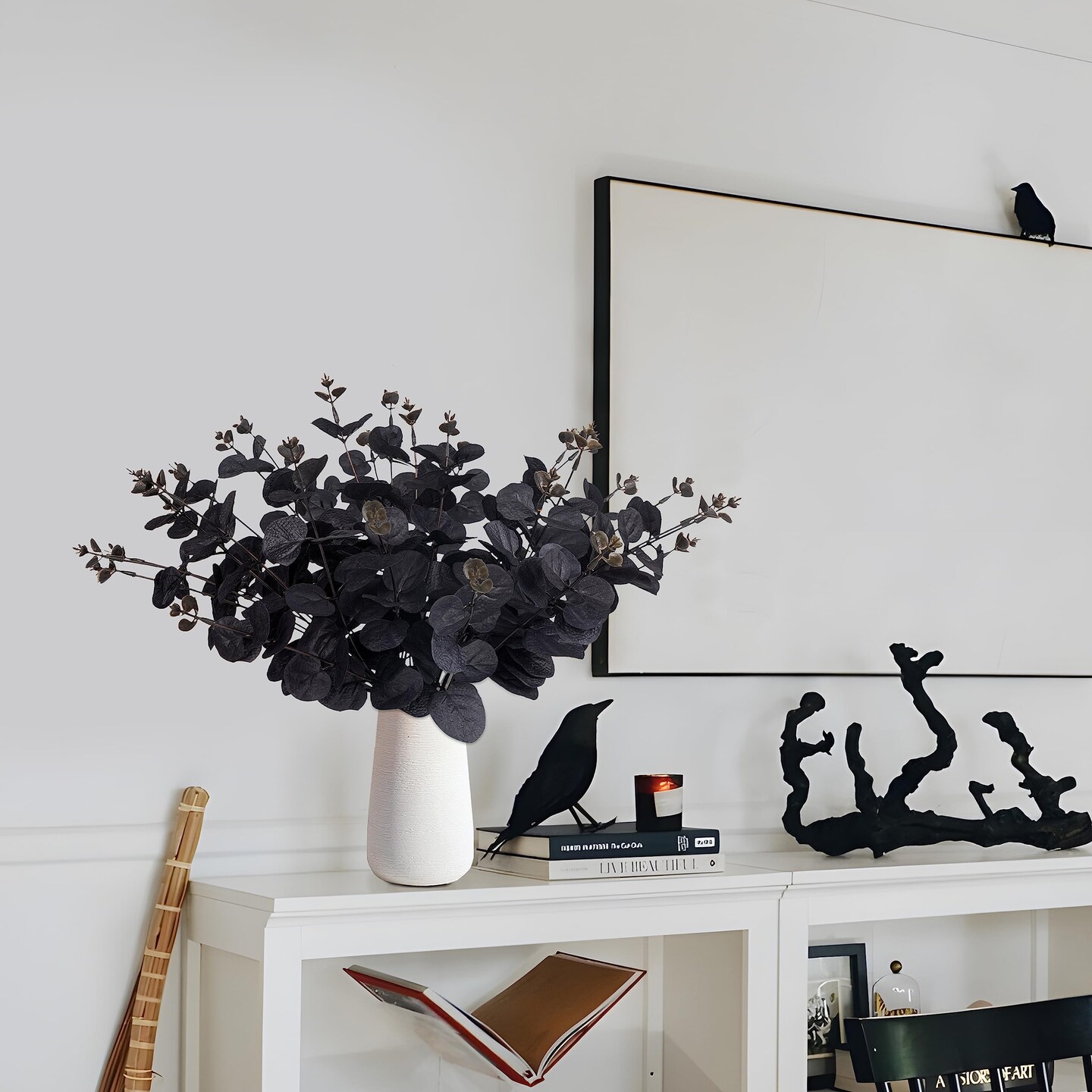 14PCS Black Halloween Decor Artificial Flowers Bulk - Eucalyptus Stems Branches Decorations for Table Indoor Centerpieces