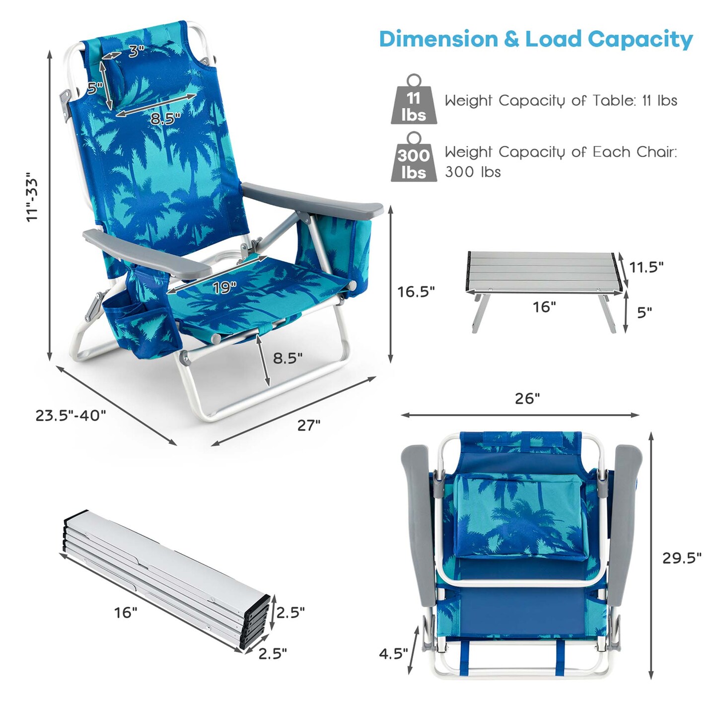 Costway 2-Pack Folding Backpack Beach Chair Table Set 5-Position Outdoor Reclining Chair Blue/Navy/Pink/Pattern/Flower/Yellow