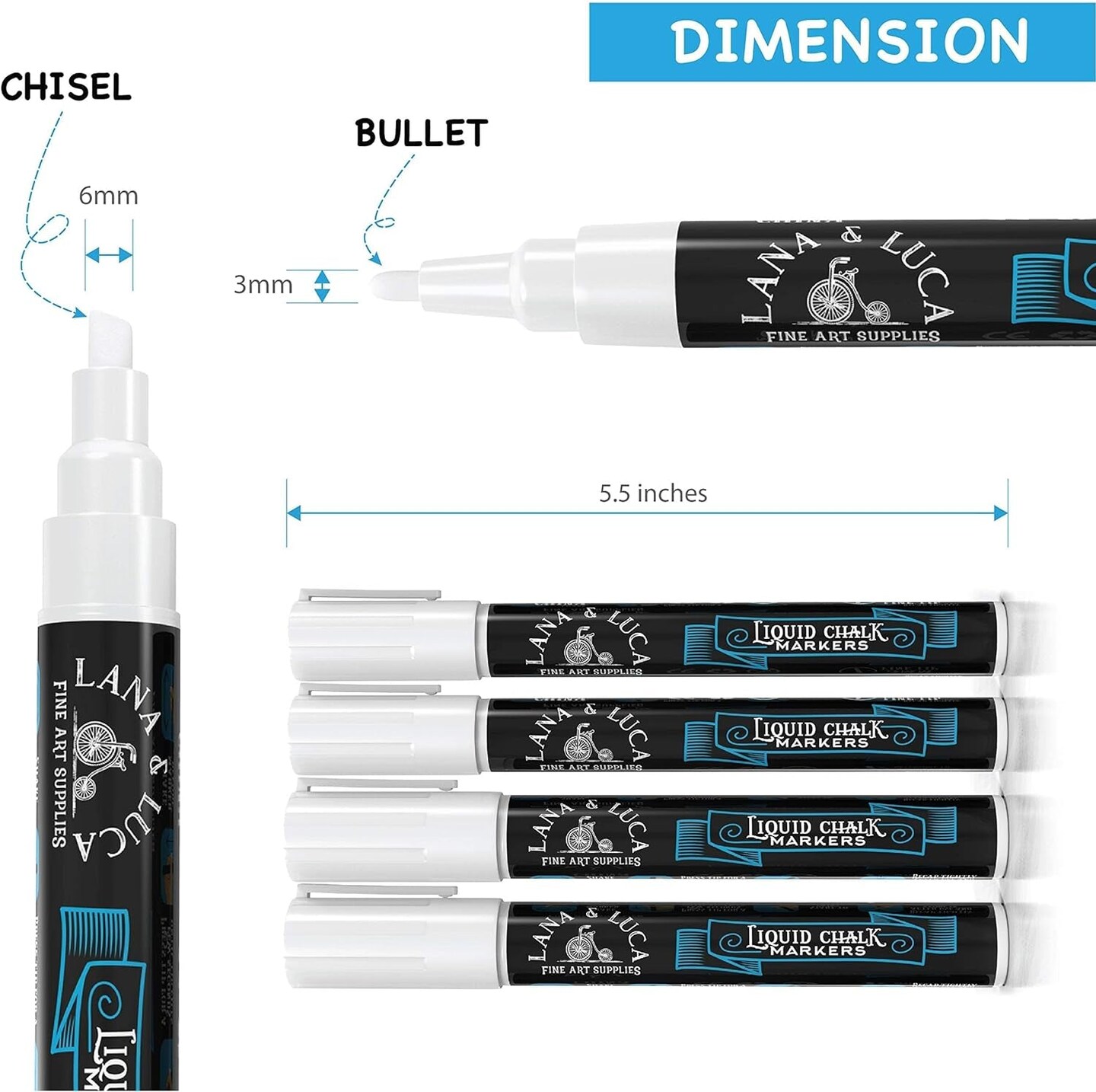Liquid Chalk Marker Pen - White, Dry Erase for Chalkboard Signs, Windows, Blackboard, Glass with 24 Chalkboard Labels Included (6 Pack) 3-6Mm Reversible Tip, 3-3Mm Fine Tip