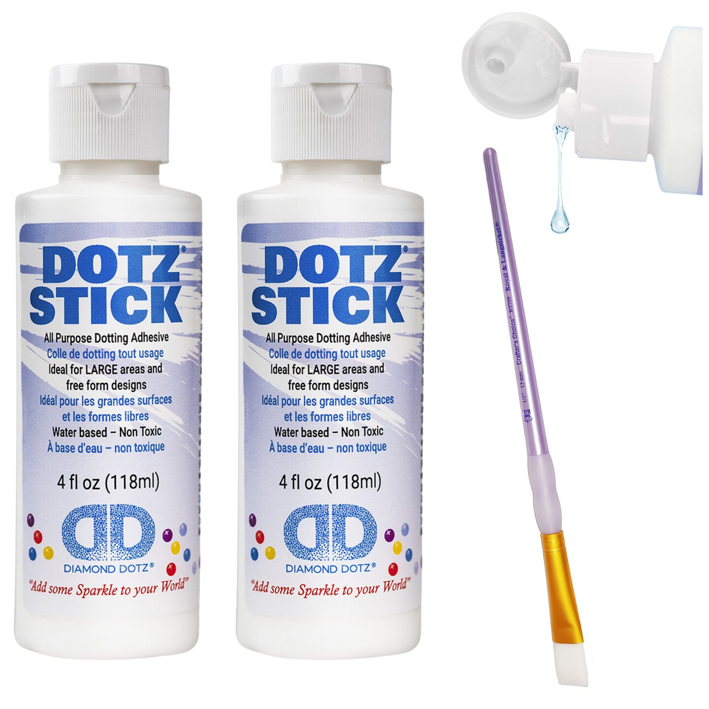 Diamond Dotz Accessories Dotz Stick 2pc with brush, Clear Diamond Dotz Glue, 2-4oz (118ml) Bottle Diamond Art Glue for Freestyle, Crafts and Jigsaw Puzzles