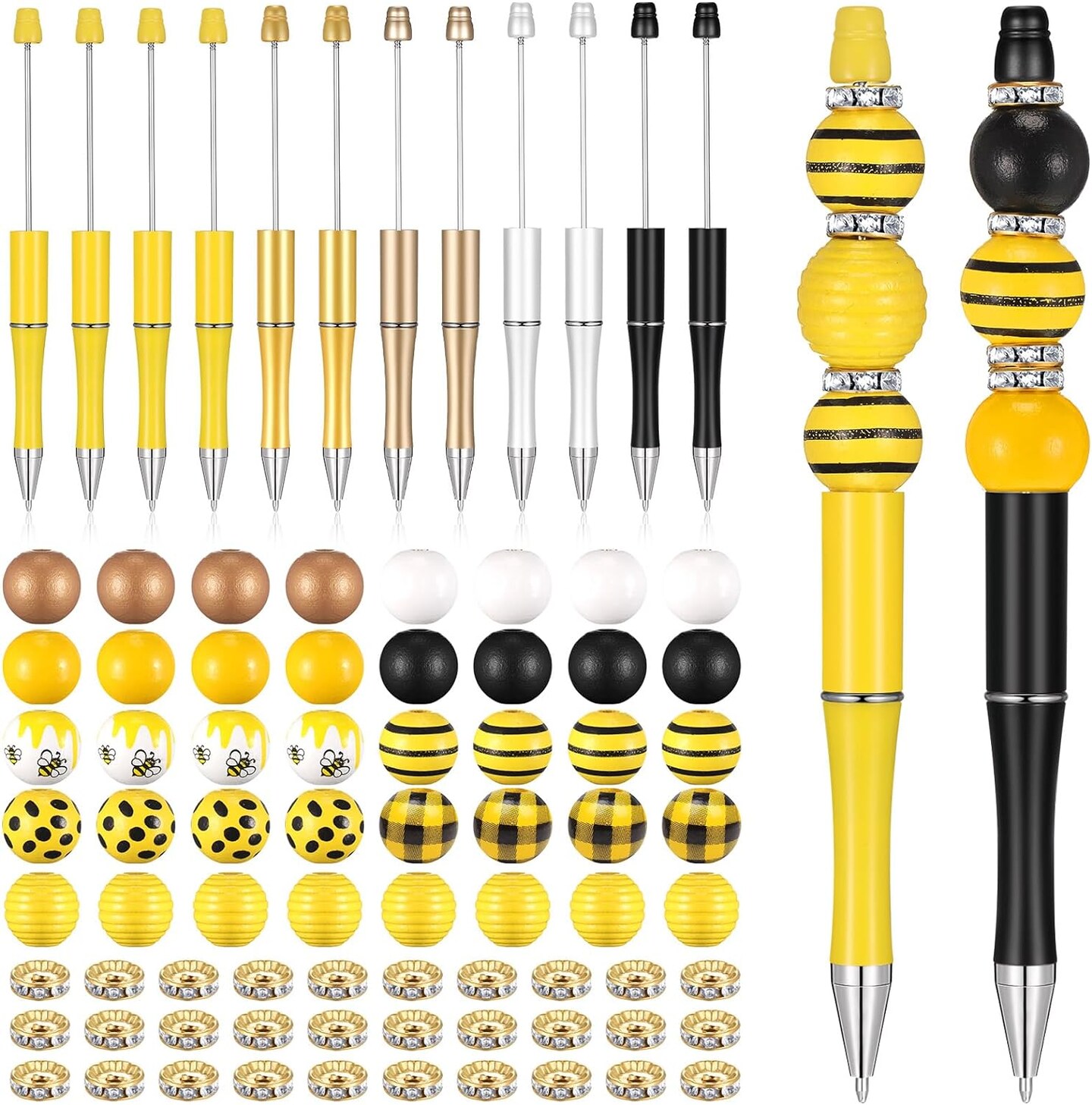 12 Set Beadable Pens DIY Kit - Assorted Beads, Black Ink, Bee Design