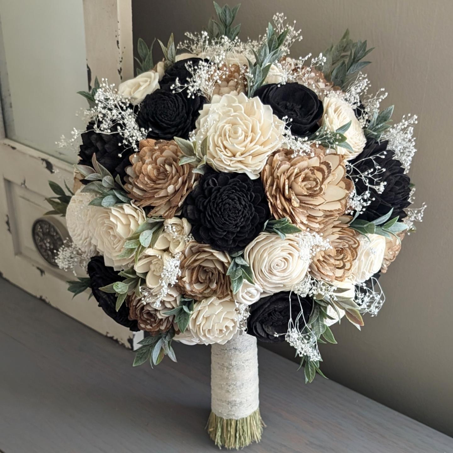 Black, Natural, and Ivory Sola Wood Flower Bouquet with Baby's
