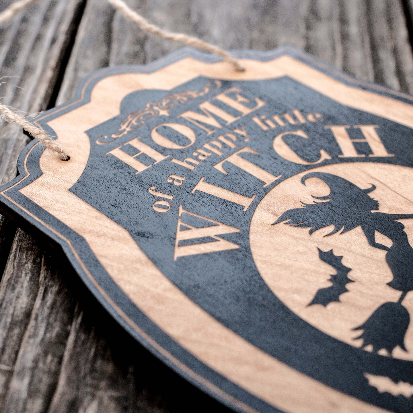 Home of a Happy Little Witch - Black Halloween Door Sign 7x9
