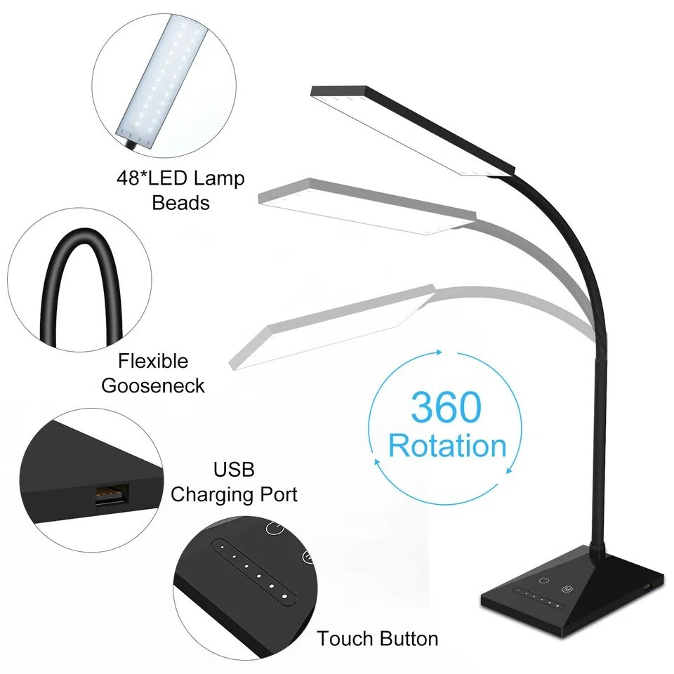 Dimmable 12W 5 Modes Adjust Touch Sensor LED Desk Lamp Eye Care Table Light Lamp