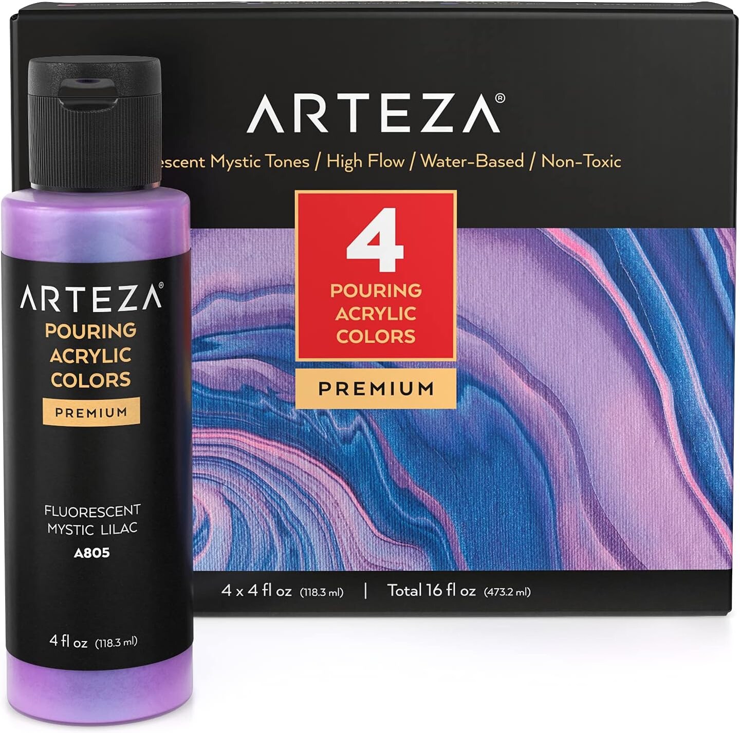 Art supplies for canvas, glass, wood, ceramics, tile, and stone; set of four iridescent pouring acrylic paints; mystic tones; 4 fl oz bottles; high-flow pouring paint
