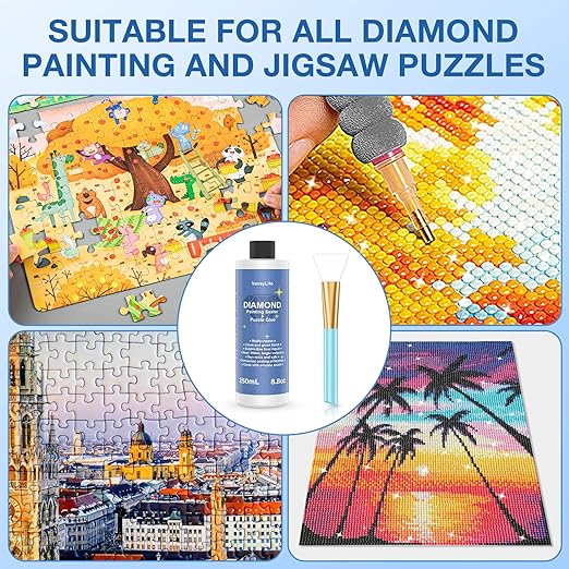 Updated Diamond Painting Sealer 250ML with Silicone Brush and 5D Diamond Painting Glue Accessories. Permanent Hold and Shine Effect for Diamond Painting and Jigsaw Puzzles (8.8 oz)