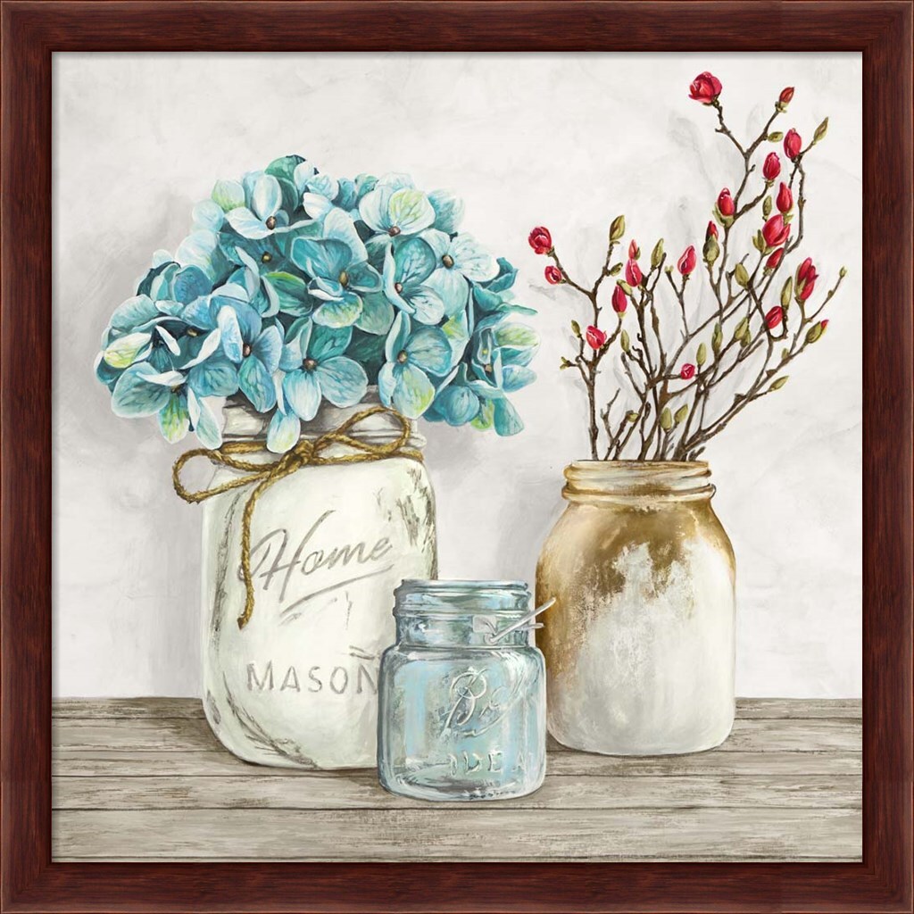 Floral Composition with Mason Jars I by Jenny Thomlinson 13" x 13" Framed Wall Art
