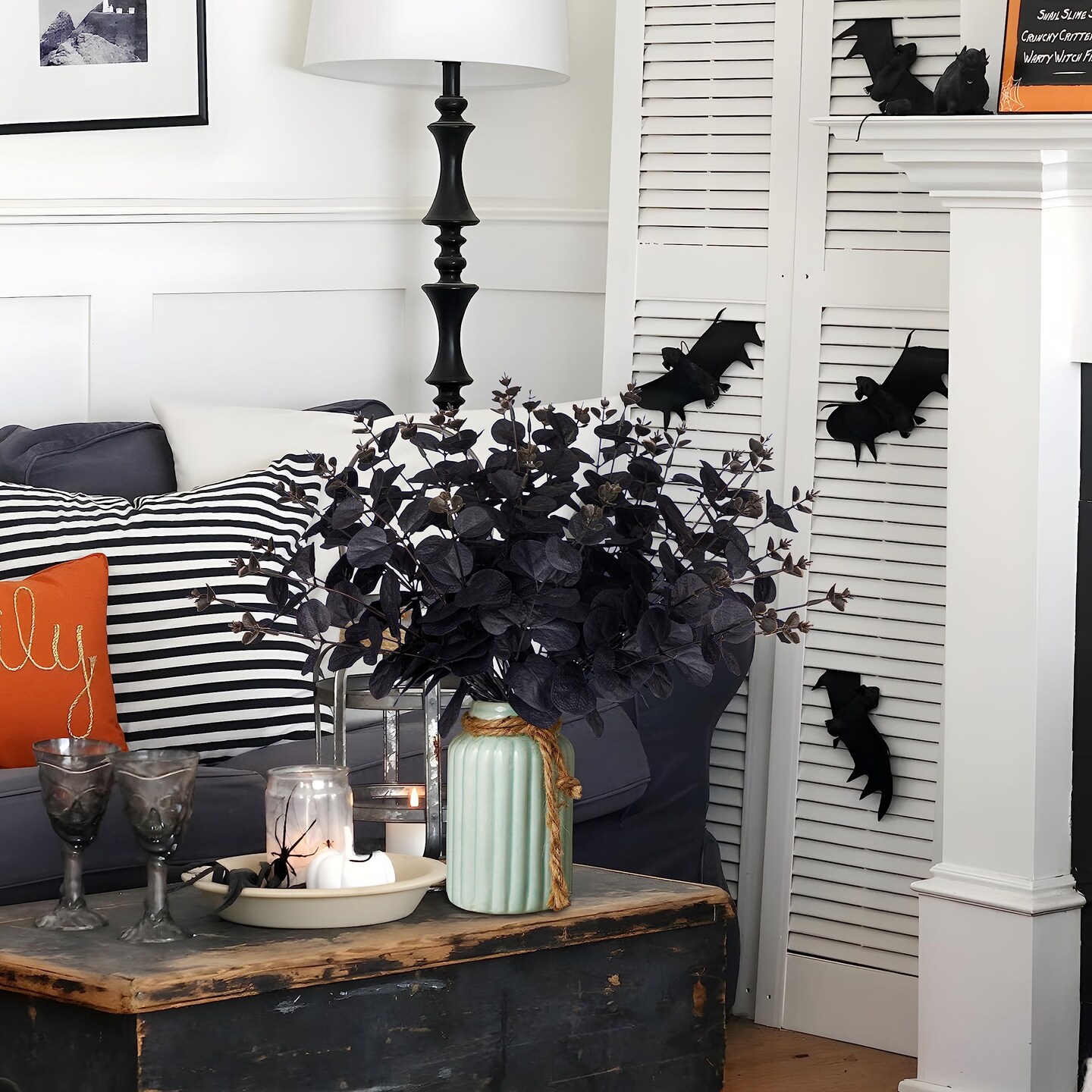 14PCS Black Halloween Decor Artificial Flowers Bulk - Eucalyptus Stems Branches Decorations for Table Indoor Centerpieces