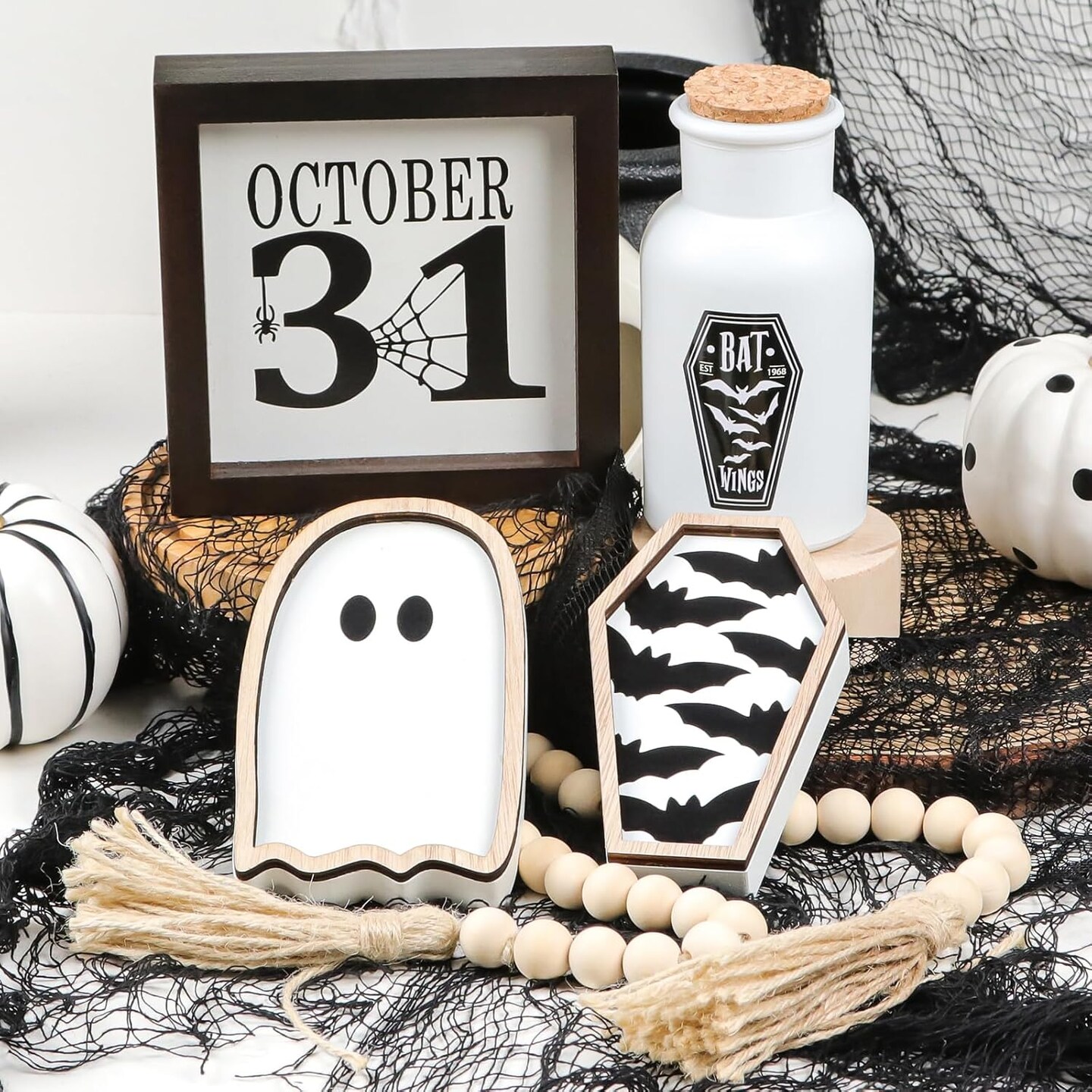 Halloween Decor Set - Potion Bottles, Bat Coffin, Ghost, Wood Signs & Bead Garland for Tiered Trays