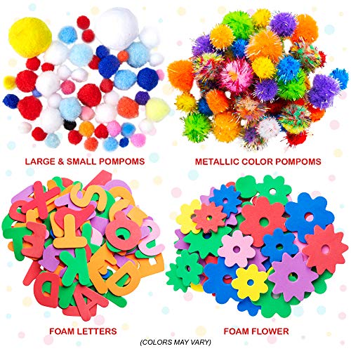 1000+ Piece Set Mega Kids Crafts and Art Supplies Jar Kit  - Instructional Booklet Included - Glitter Glue, Construction Paper, Colored Popsicle Sticks, Googly Eyes, Pipe Cleaners