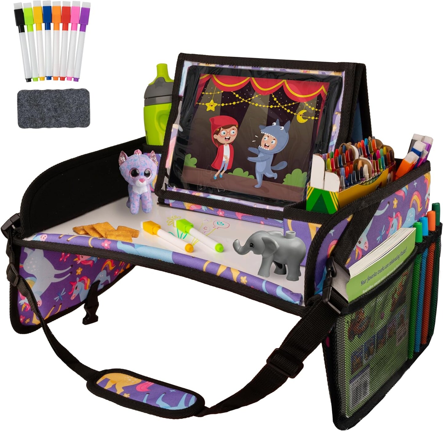 Kids Travel Tray for Toddler & Kids Car Seat, Lap Tray for Aeroplane, Kids Travel Desk Essential Accessories and Table Tray for Road Trip Activities (Purple Unicorns)