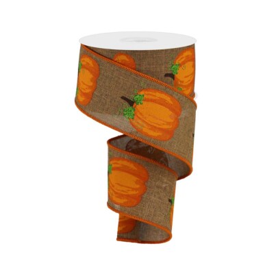 2.5" x 10yd Fall Pumpkin and Leaf Burlap Ribbon - Brown, Orange, Moss - Perfect for Autumn Crafts and Decorations -RGA147104