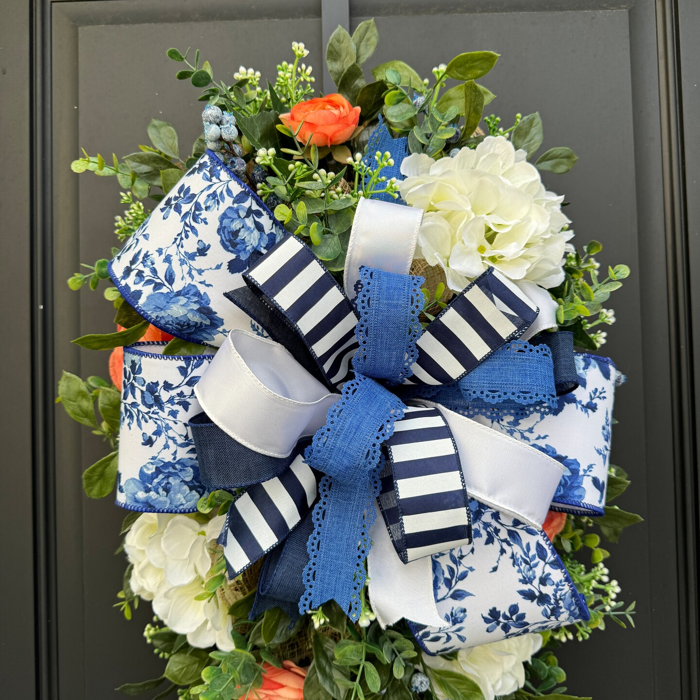 Blue and Coral Hydrangea Floral Wreath Swag, Spring and Summer