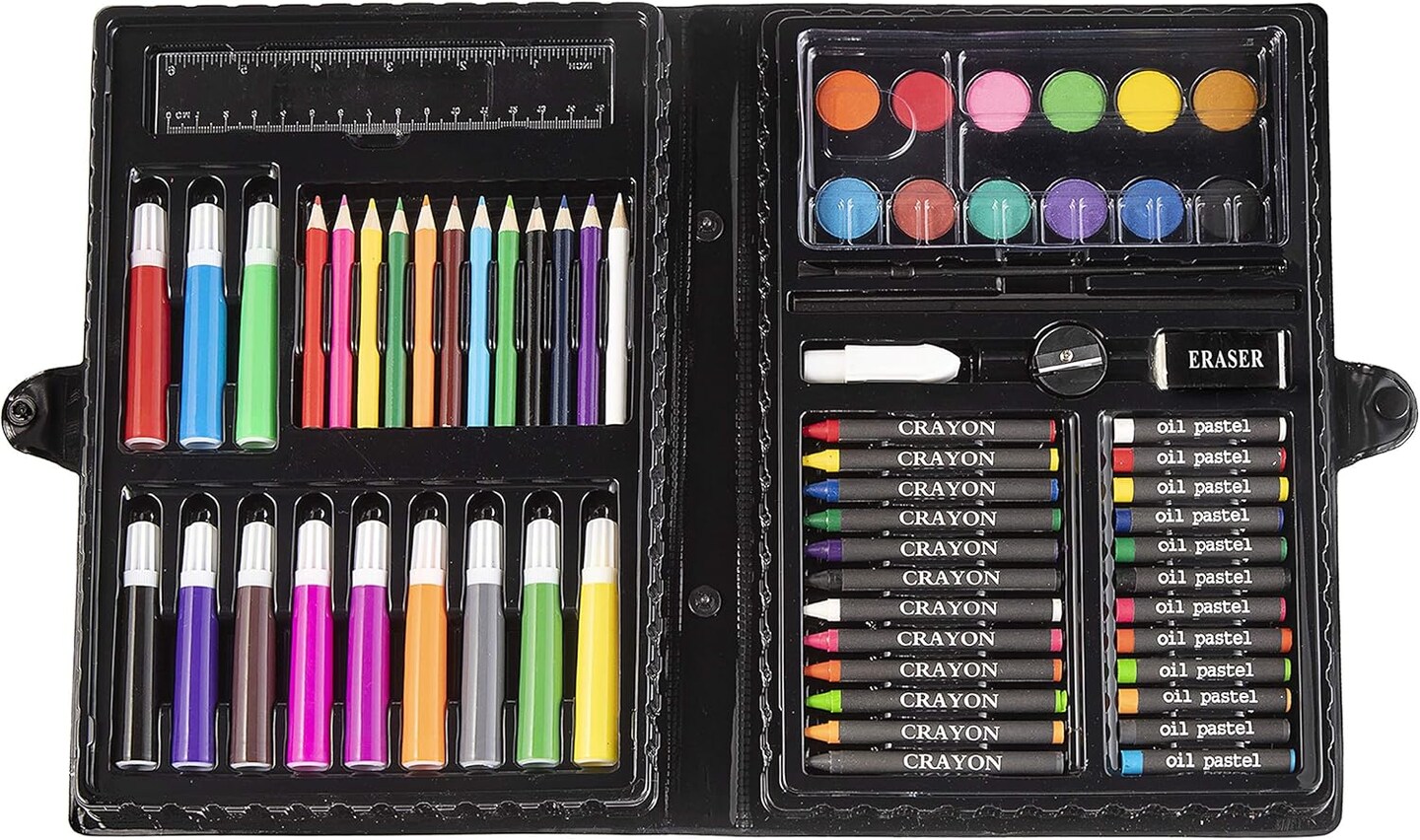 A great gift for both adults and children, this 80-piece art set includes supplies for painting, drawing, and more, all neatly packaged in a plastic case.