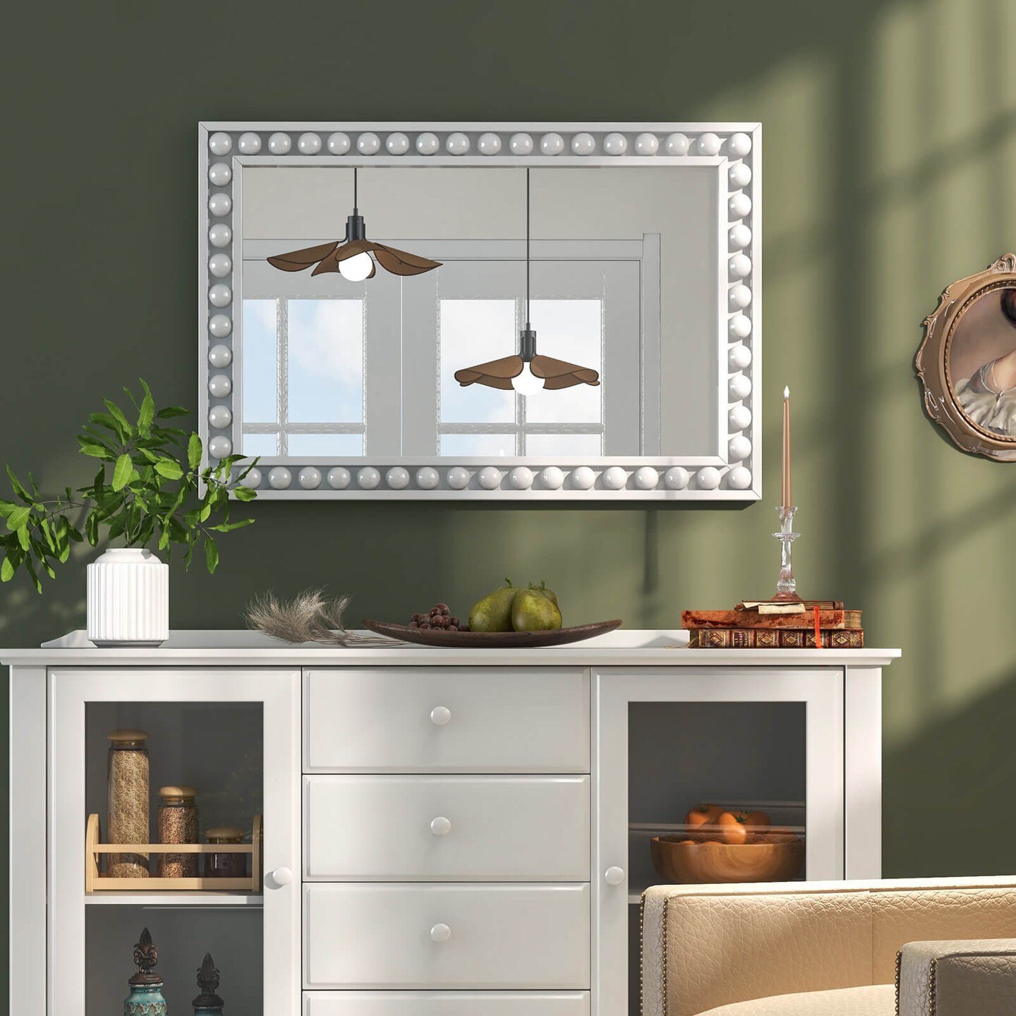 Costway 24&#x22; x 36&#x22; Rustic Decorative Wall Mirror with Solid Wood Frame Beads for Living Room Brown/White