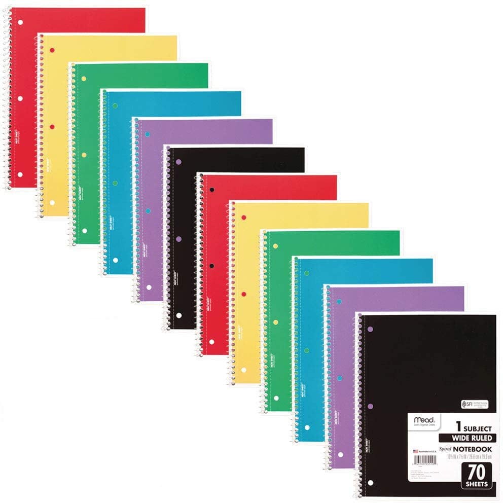 Spiral Notebook, 24 Pack, 1-Subject, Wide Ruled Paper, 7-1/2&#x22; X 10-1/2&#x22;, 70 Sheets per Notebook, Color Will Vary (05510)