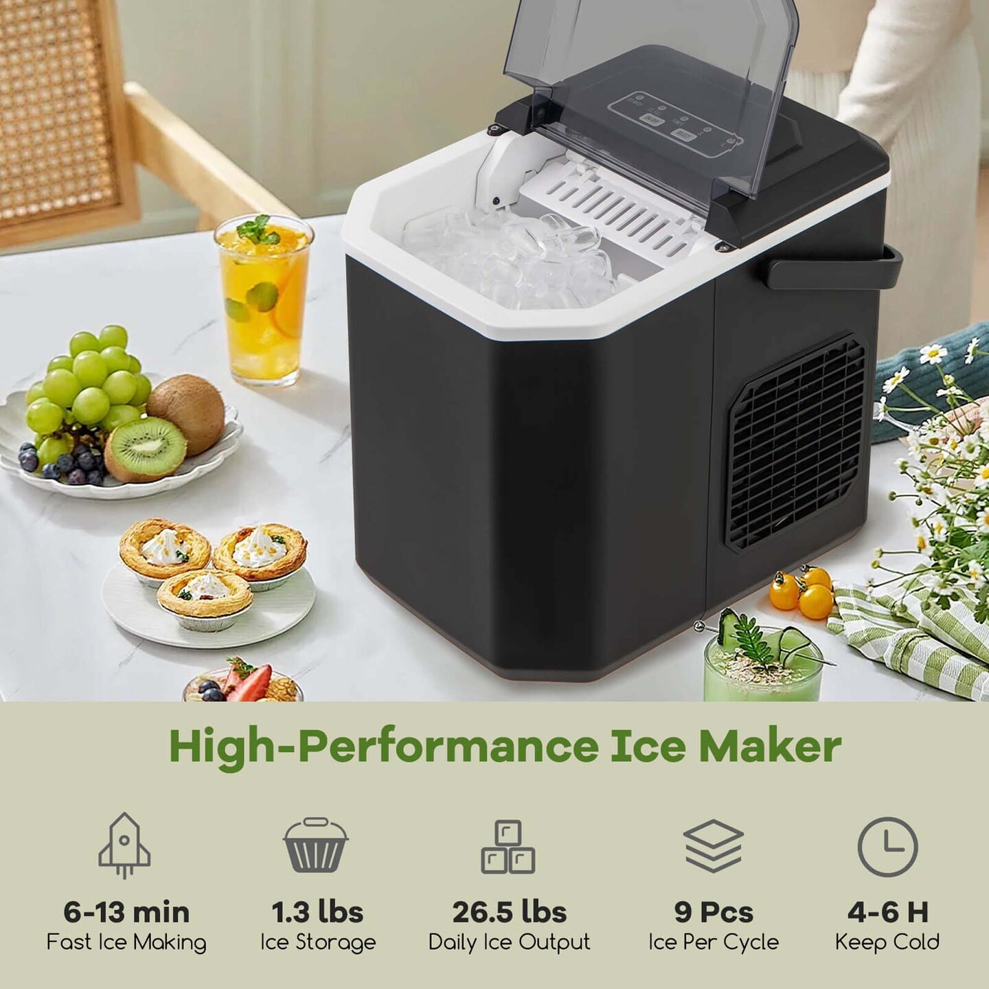 Costway Countertop Ice Maker Portable Ice Making Machine 6-13 Mins 9 Ice 26.5 lbs/24 Hrs Black/Silver