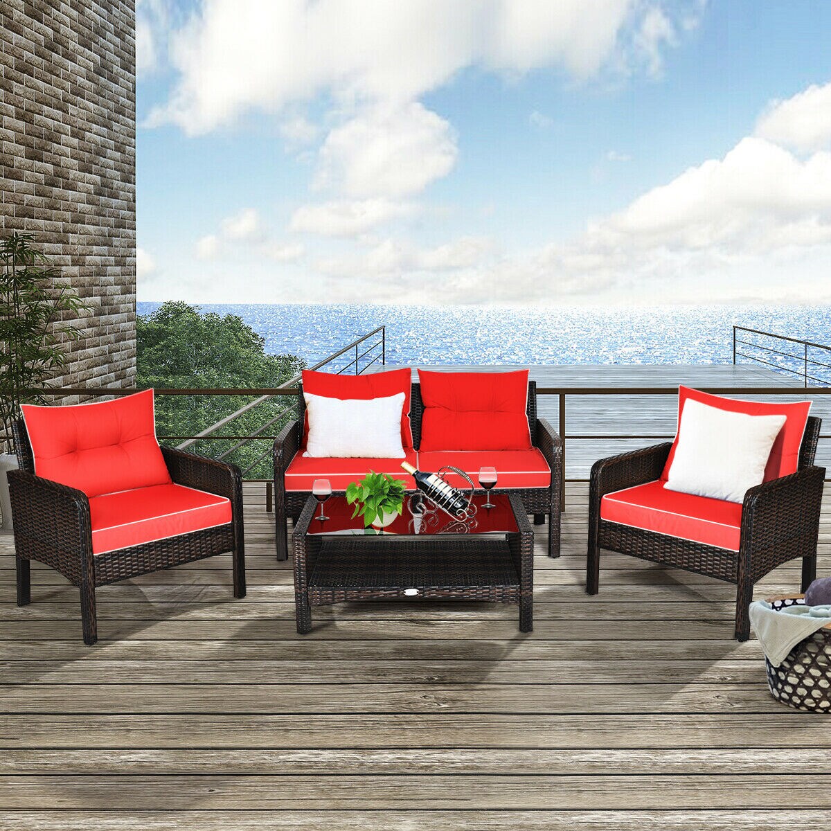 Costway 4PCS Patio Rattan Furniture Set Loveseat Sofa Coffee Table Cushioned Sofa Garden