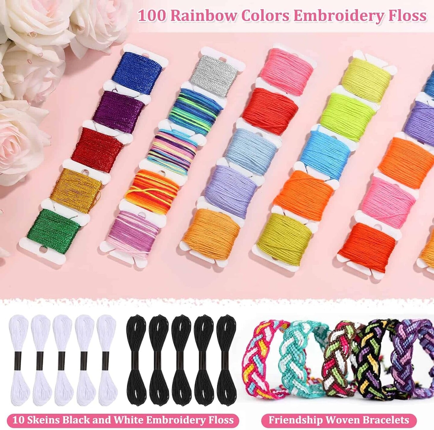 985Pcs String Bracelet Making Kit, Friendship Bracelet String Kit with 110 Skeins Embroidery Floss Cross Stitch Thread, 830 Beads for Friendship Bracelet Making, 45Pcs Embroidery Tools