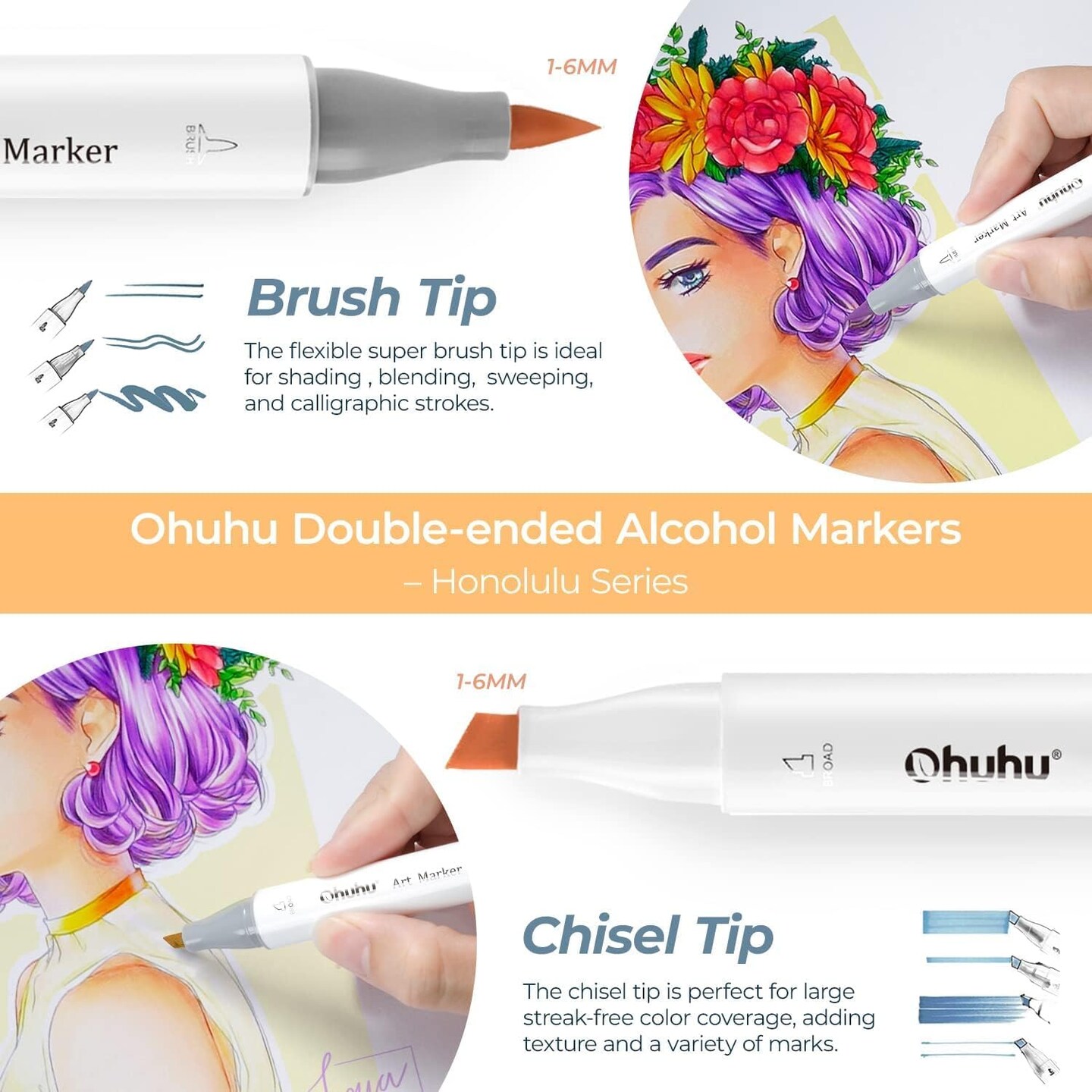 Ohuhu Alcohol Markers Brush Tip - Double Tipped Art Marker Set for Artist Adults Coloring Illustration- 72 Colors- Alcohol-based Refillable Ink - Honolulu/Honolulu B