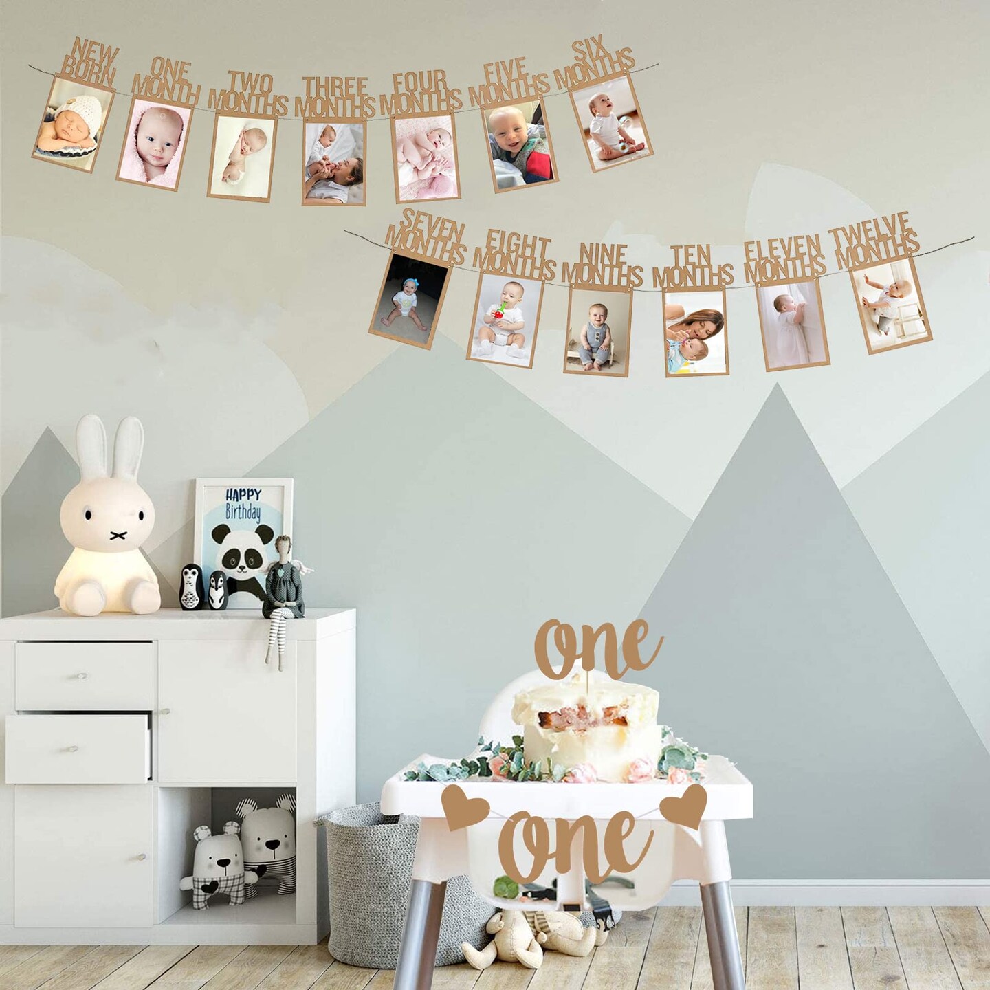 1st Birthday Baby Photo Banner for Newborn to 12 Months And Alphabet ONE Bunting, Alphabet ONE Cake Topper for Baby Show First Birthday Party Decoration
