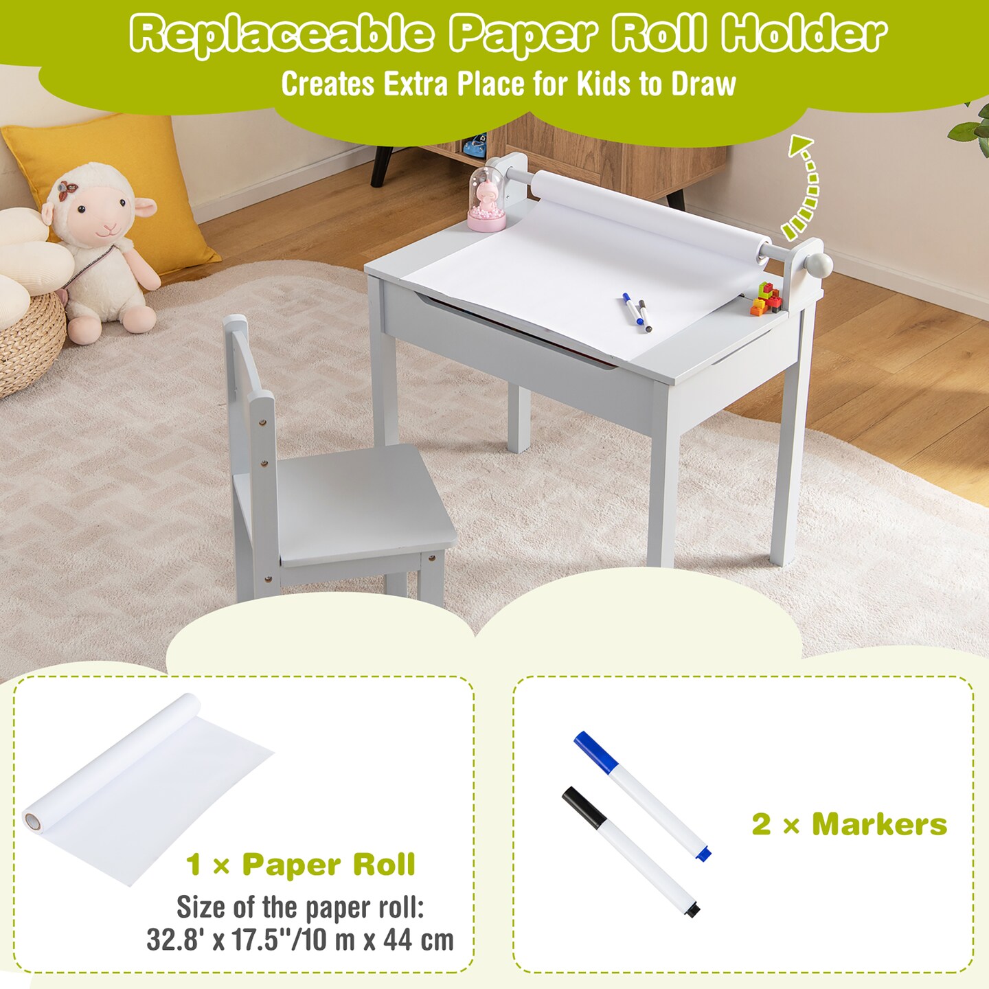 Costway Toddler Craft Table &#x26; Chair Set Kids Art Crafts Table withPaper Roll Holder Grey/White