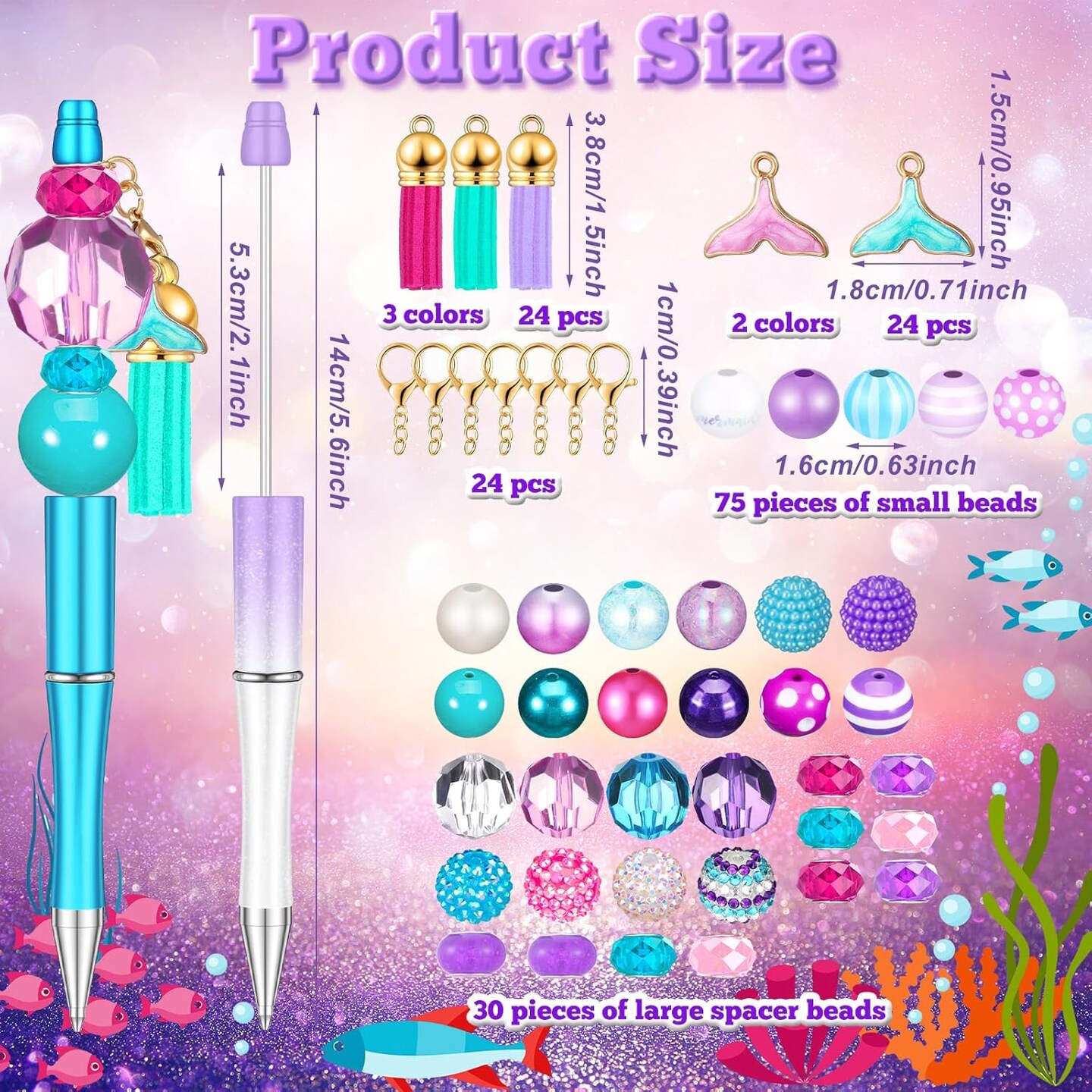 24 Sets Mermaid Beadable Pens Kit with Multicolor Beads, Black Ink, for DIY Ballpoint Pens