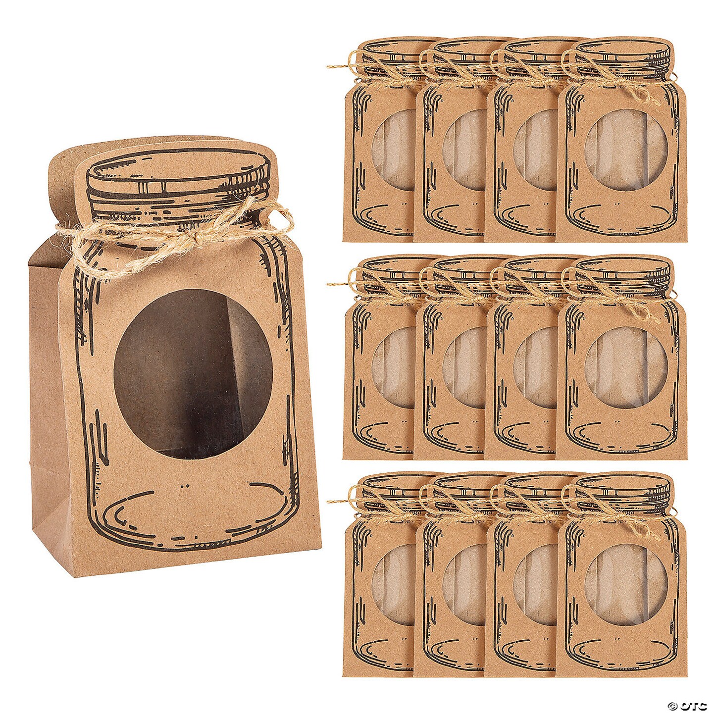 3 1/4&#x22; x 5 1/4&#x22; Mini Kraft Paper Mason Jar-Shaped Treat Bags with Cellophane Window - 12 Pc.