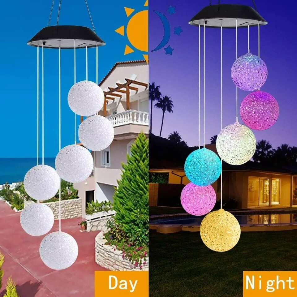 Solar Color Changing LED Ball Wind Chime Garden Yard Hanging Light Lamp Decor