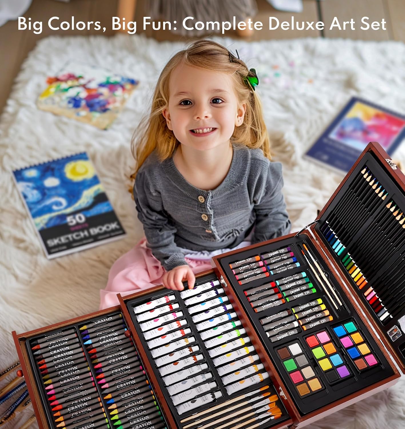The 194-piece Deluxe Art Set includes 4 drawing pads, acrylic paints, crayons, and colored pencils. Set in Wooden Case, Art Kit Gift Box for Children, Teens, Adults, Artists, Beginners