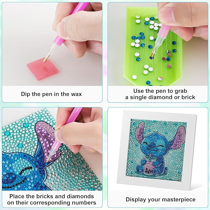 5D Diamond Painting Kit for Kids with Wooden Frame Simple Small Anime Diamond Painting Full Drill Diamond Art Gem Painting for Beginners 7X7 inches (Stitch)