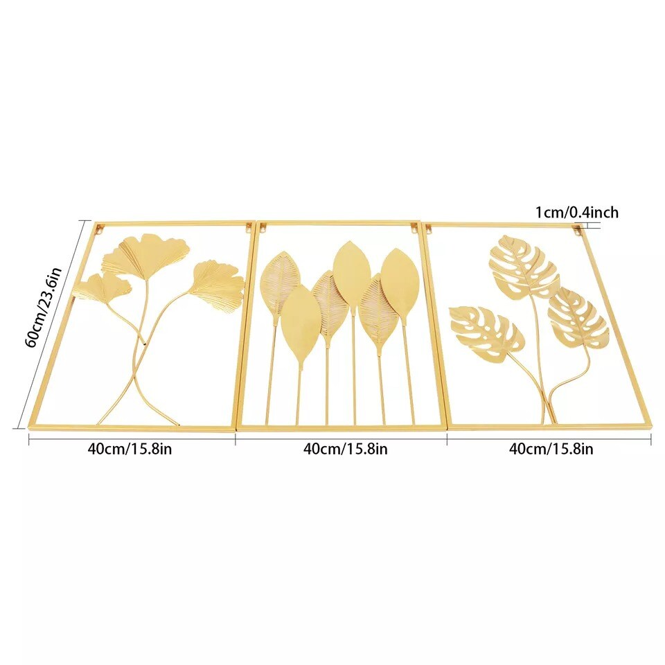 3 PCS 24" Metal Wall Art Hanging Sculpture Gold Leaf Home Garden Decor