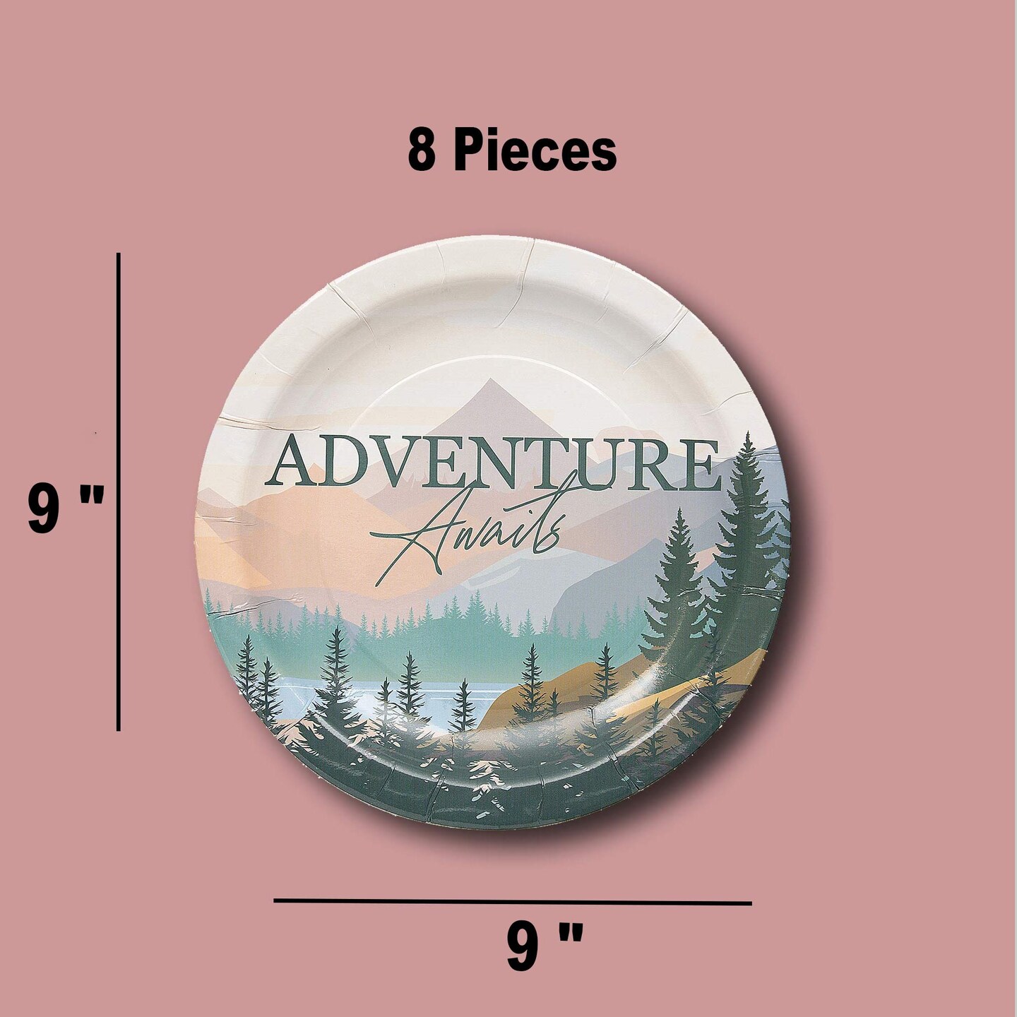 8 Count Adventure Awaits Alpine Mountain Paper Dinner Plates for Graduation and Party Events 9"