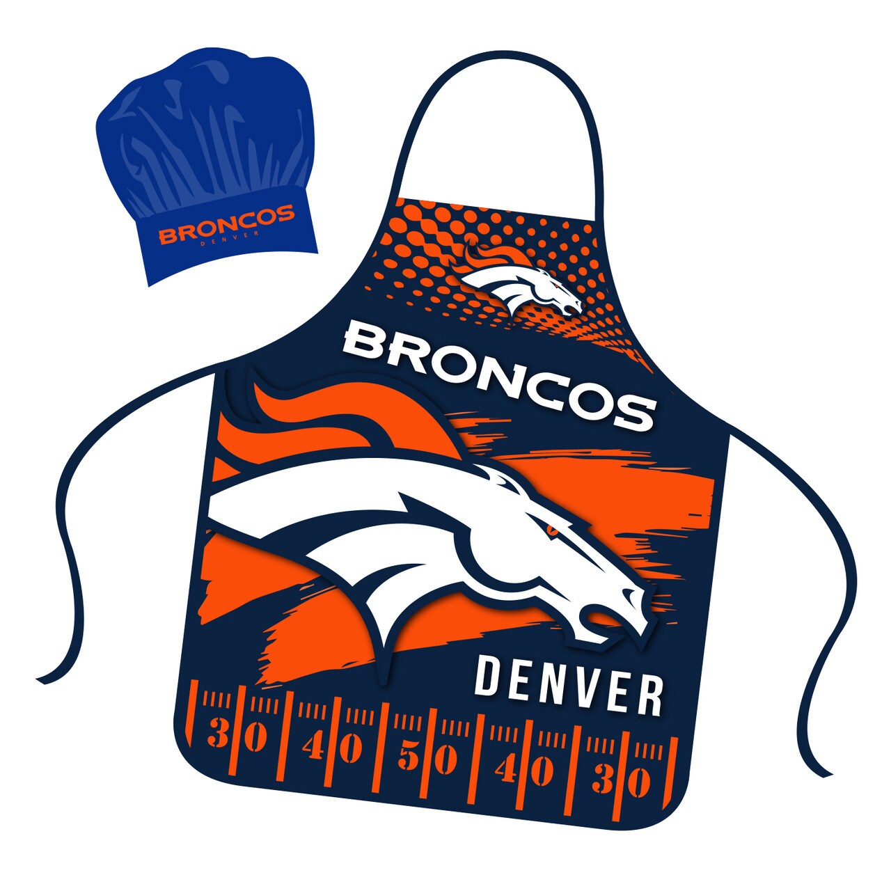 Mojo Licensing Denver Broncos Apron Chef Hat Set Full Color Universal Size Tie Back Grilling Tailgate BBQ Cooking Host