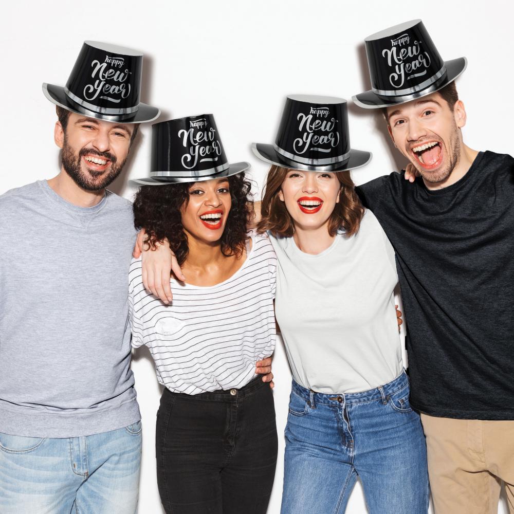 12 pc Bulk New Year&#x27;s Black and Silver Top Hat