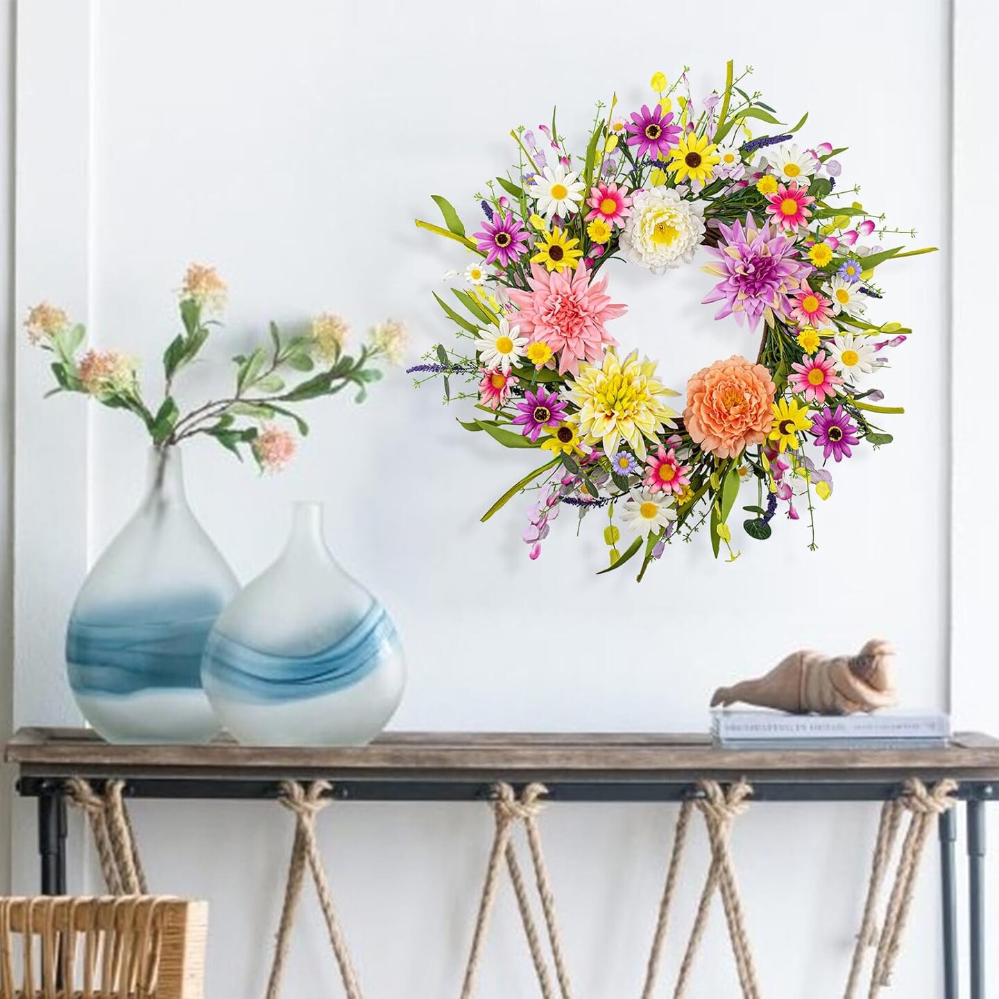 Artificial Summer Wreath 22 Inch Floral Wreaths for Front Door Summer Wreath with Dahlia Daisy Flowers for Indoor Porch Wall Holidays Easter Celebrations