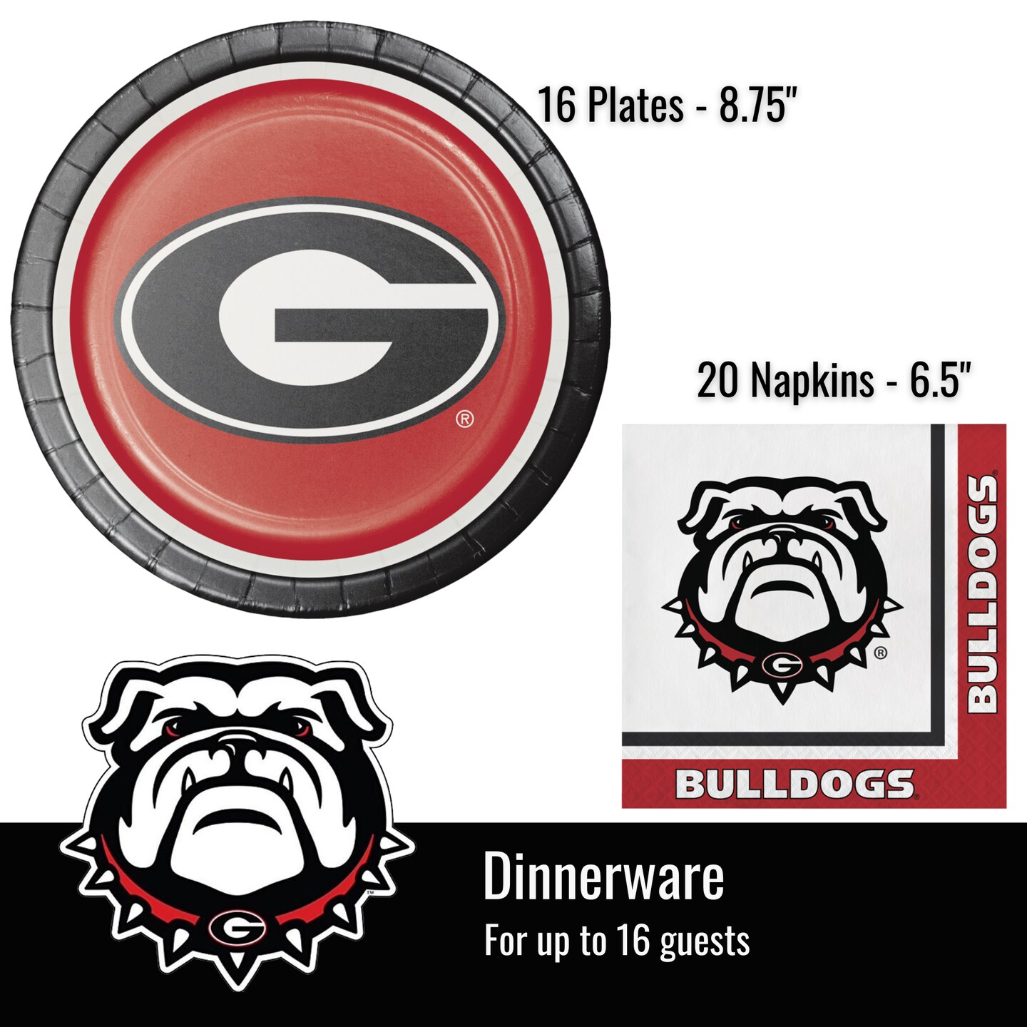 University of Georgia Party Supplies Bundle Tailgate/Graduation Pack for 16 | UGA Plates | UGA Napkins | UGA Cups | UGA Table Cover | UGA Balloons