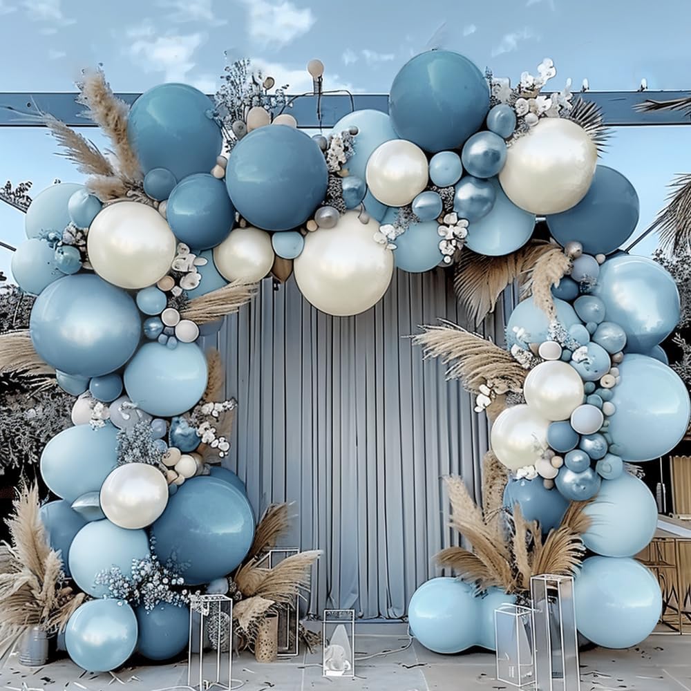 Dusty Blue Balloon Garland - Double Stuffed Slate Pastel Blue White Sand Pearl Balloon Arch Kit for Baby Shower Birthday Bridal Shower Wedding Graduation Party Decorations
