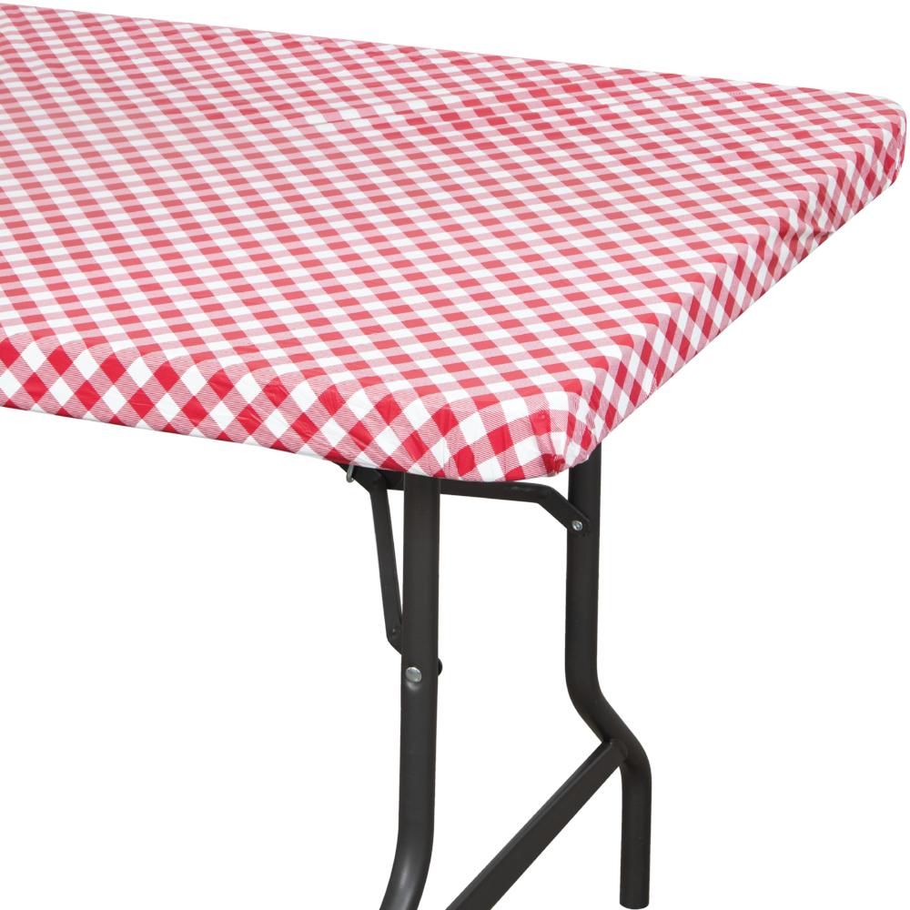 12/Case Bulk Red and White Gingham 30" x 96" Rectangular Stay Put Plastic tablecover