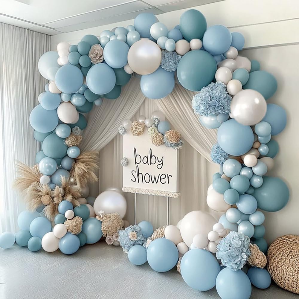 Pastel Blue White Balloon Arch Kit Double Stuffed Dusty Light Blue White Cream Balloon Garland for Baby Shower Birthday Wedding Boho Winter Party Decoration