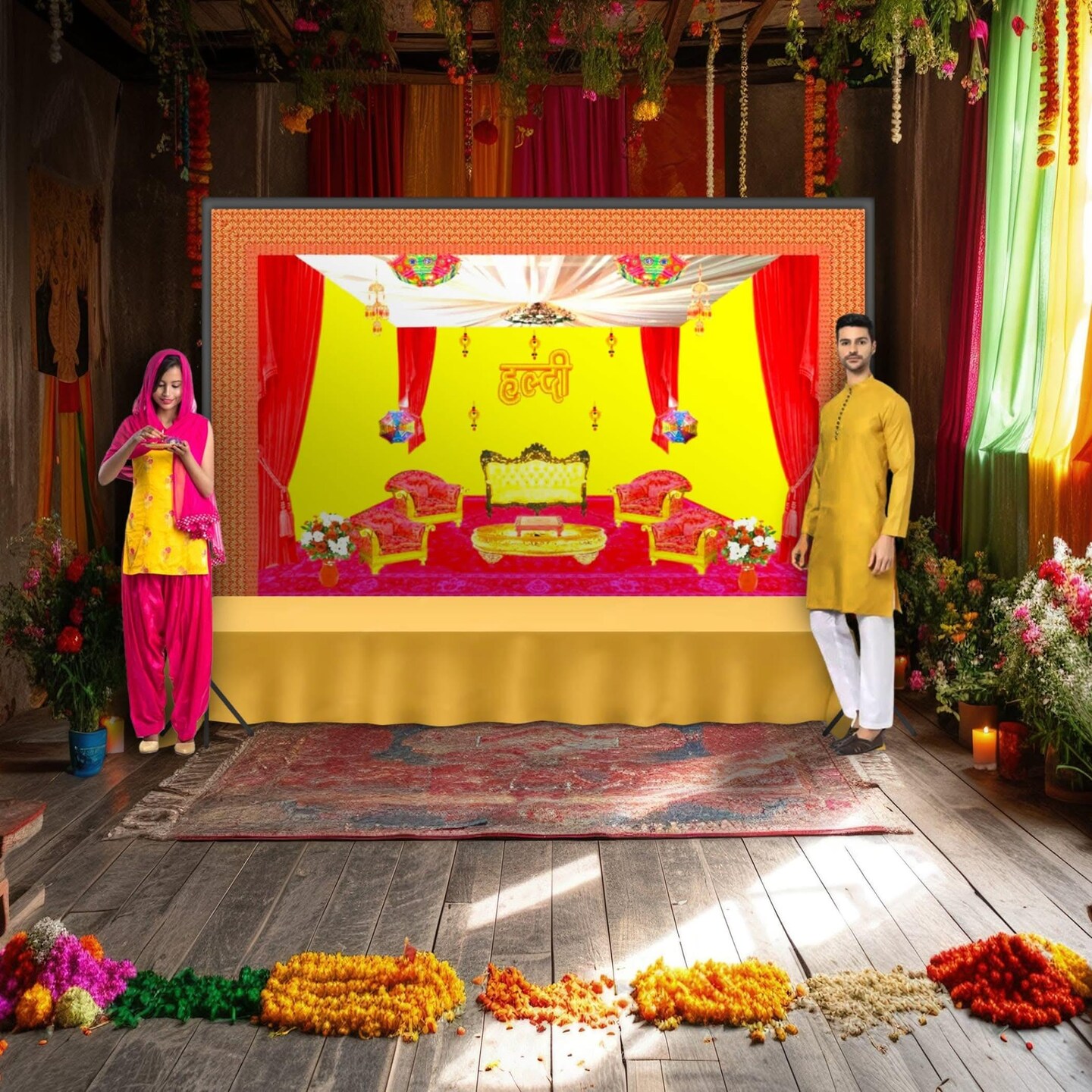 Haldi Ceremony Backdrop Indian Traditional Cloth 5x8 Feet Backdrop Haldi Banner Indian Wall Art Photo Decor Banner Indian Wedding Backdrop Decorative Cloth Haldi Stage Decor