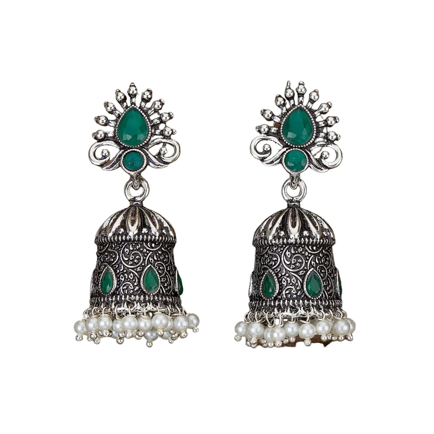 Indian Oxidized Jhumka Earrings for Women - Vintage Indian Jhumki Ethnic Chandbali Earrings Faux Pearls with Oxidized Platting Bollywood Style Dangle Earring Jewelry for Bride Gift for Her