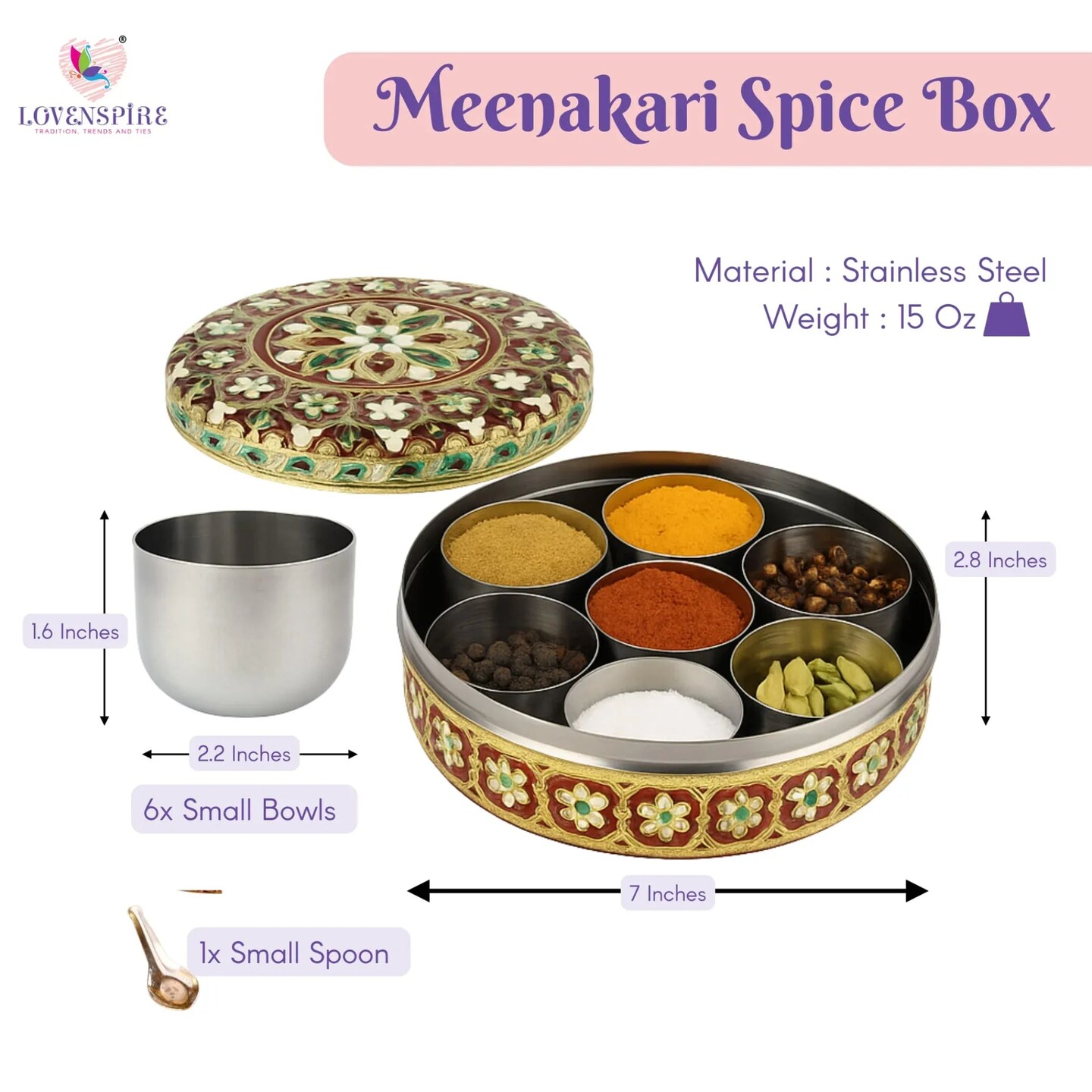Meenakari Steel Indian Spices Box Designer Small Round Masala Box Spice Organizer Masala Dabba Kitchen Essentials Home Decor Housewarming Gift