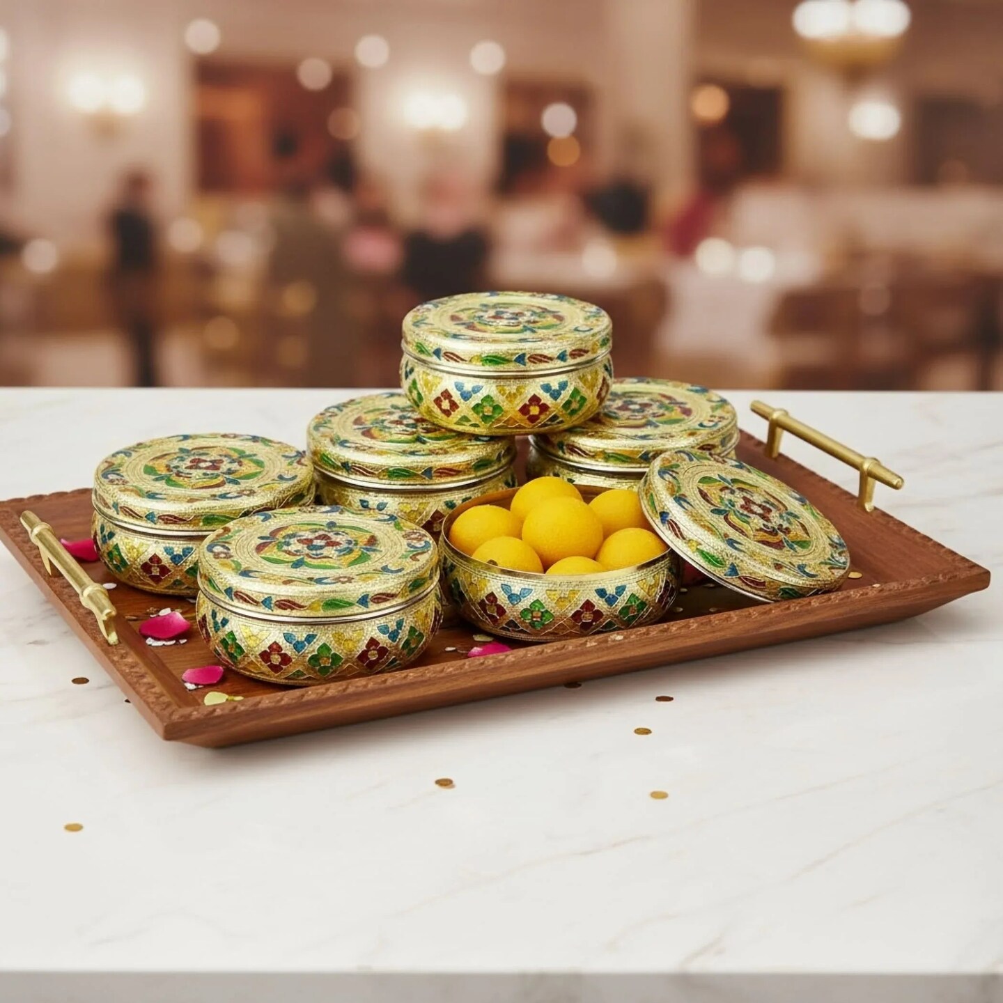 4ct Decorative Sweet Box Stainless Steel Small Round Storage Box Meenakari Container Laddu Box Spice Storage Unique Multipurpose use Box Gift for Guest