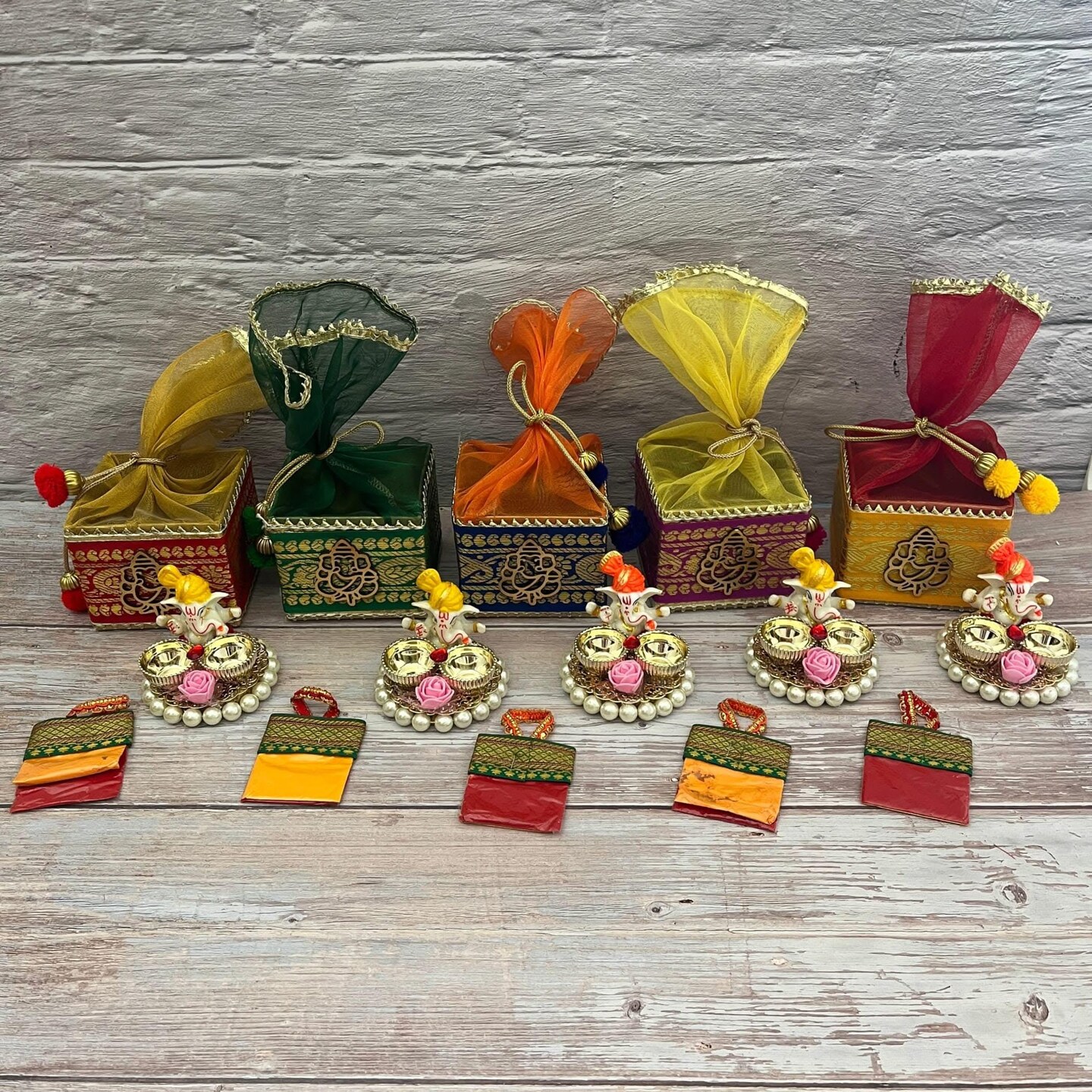Ganesha Gift Hamper Hindu Religious Ganesh Chaturthi Diwali Puja Housewarming Teej Sankranti Return Gifts - Potli Basket Box Haldi Kumkum Packet & Ganesha Haldi Kumkum Holder