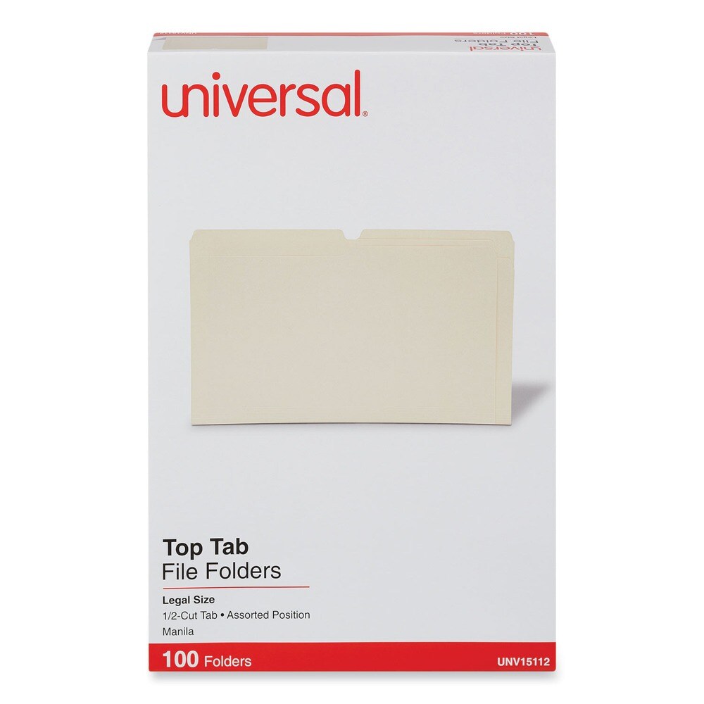 Universal 1/2 Cut Tabs 11-Point Assorted Positions Top Tab File Folders - Legal Size, Manila (100/Box)