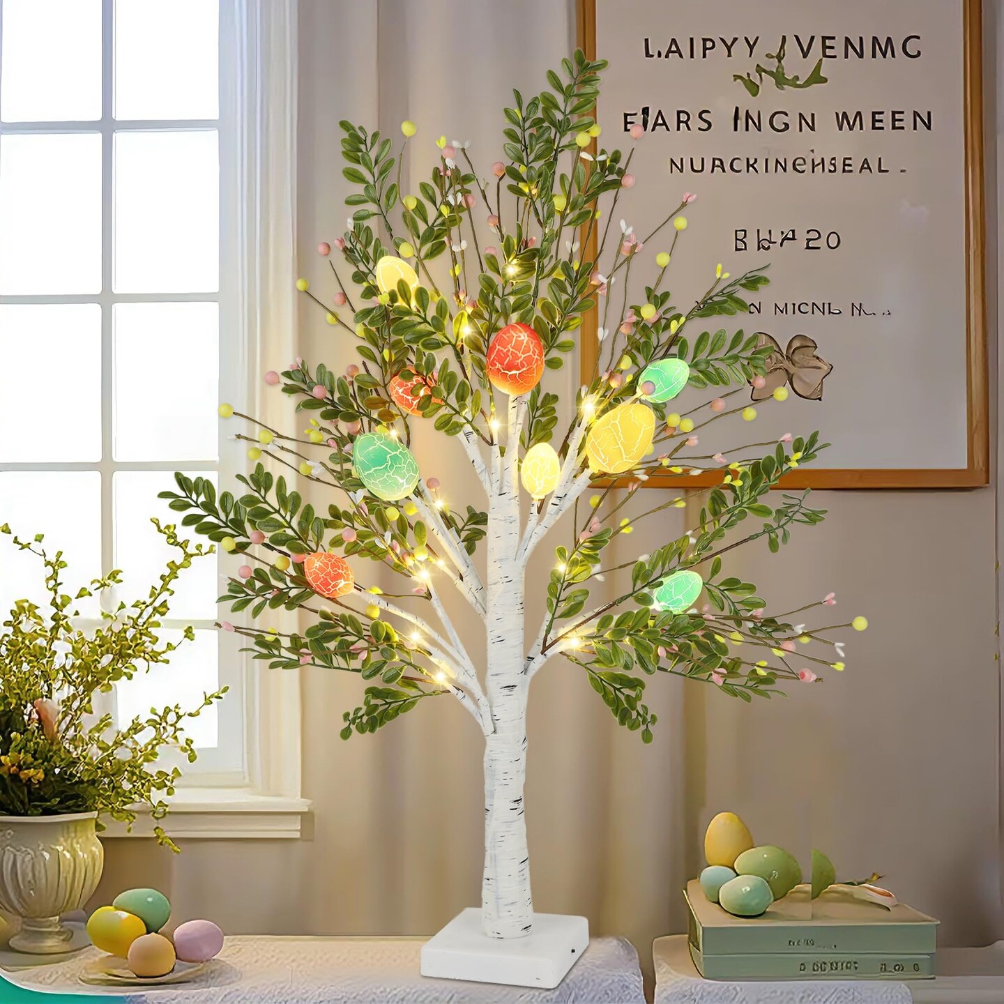 27 Inch Easter Decorations for Home – 2 Pack Lighted Easter Trees, Light Up Birch Trees with Easter Egg, Tabletop Spring Decor for Mantel Indoor Office