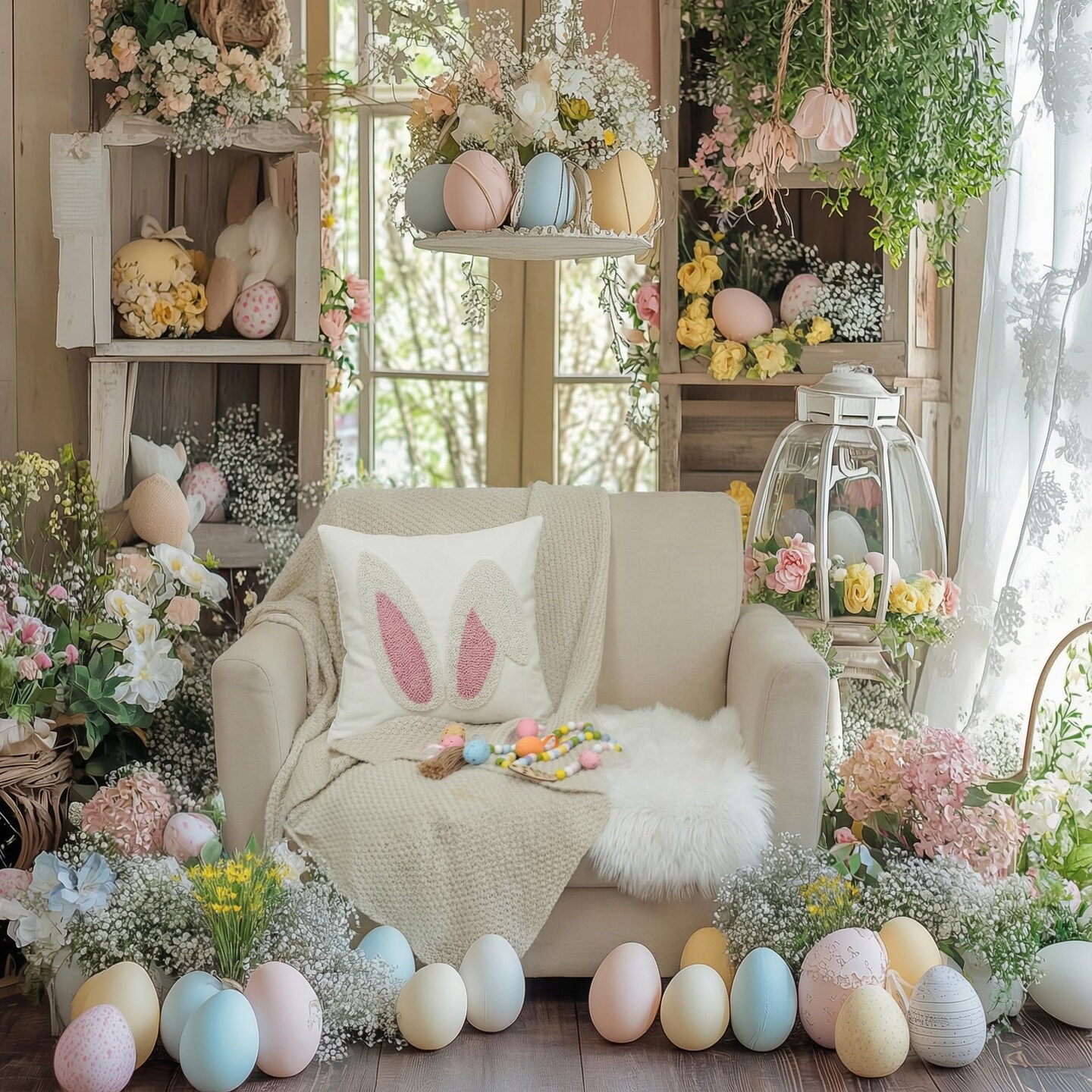 Embroidered Easter Bunny Ears Pillow Cover 18x18 Inch, Spring & Easter Decorations Farmhouse Home Decor Throw Pillow Case for Sofa & Bed GX015-1-18