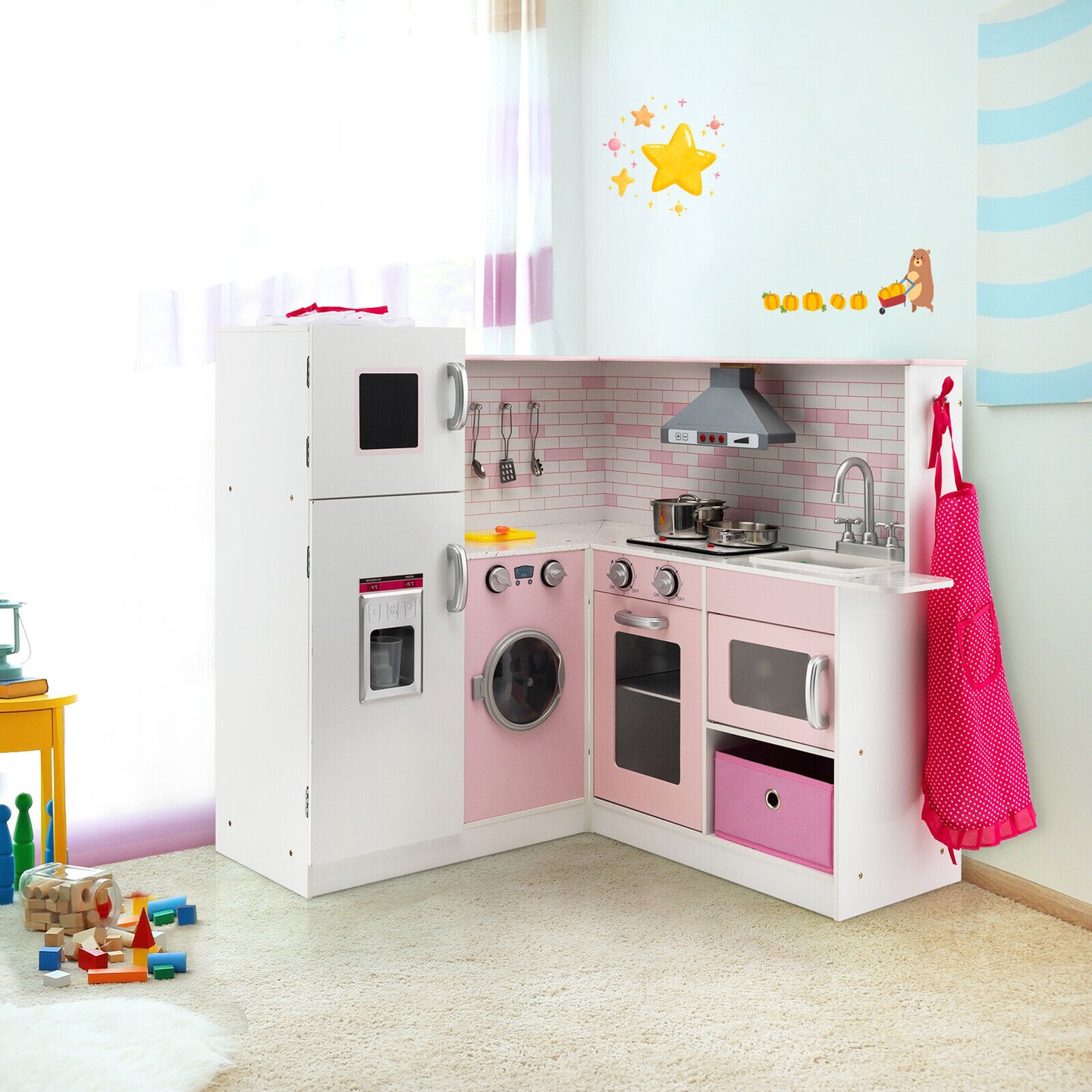 White-Pink MDF Kids Kitchen Playset with Lights Sounds and Accessories for 3+
