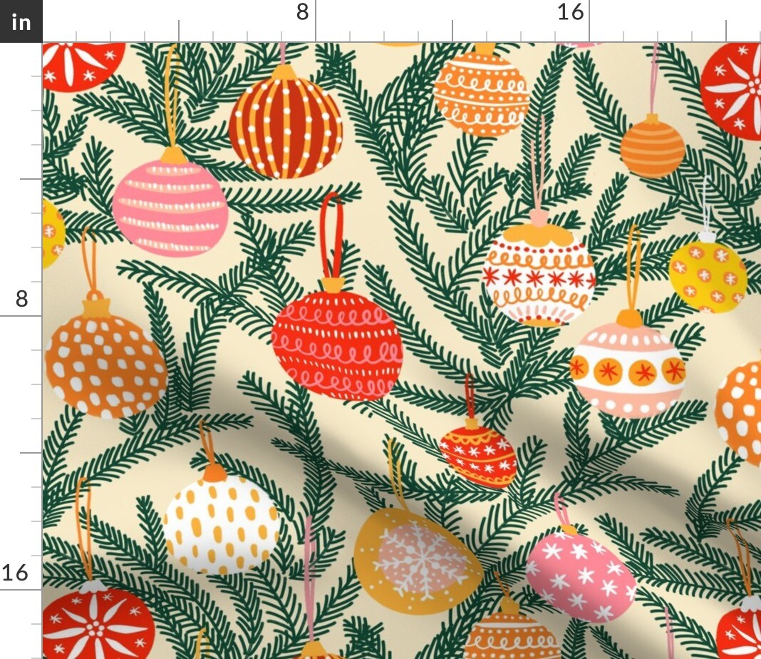 Retro Baubles Red Orange Pink Ornaments Xmas Tree Green Branches Mid Century Modern Custom Printed Fabric by Spoonflower Various Fabrics by the Yard or Fat Quarter